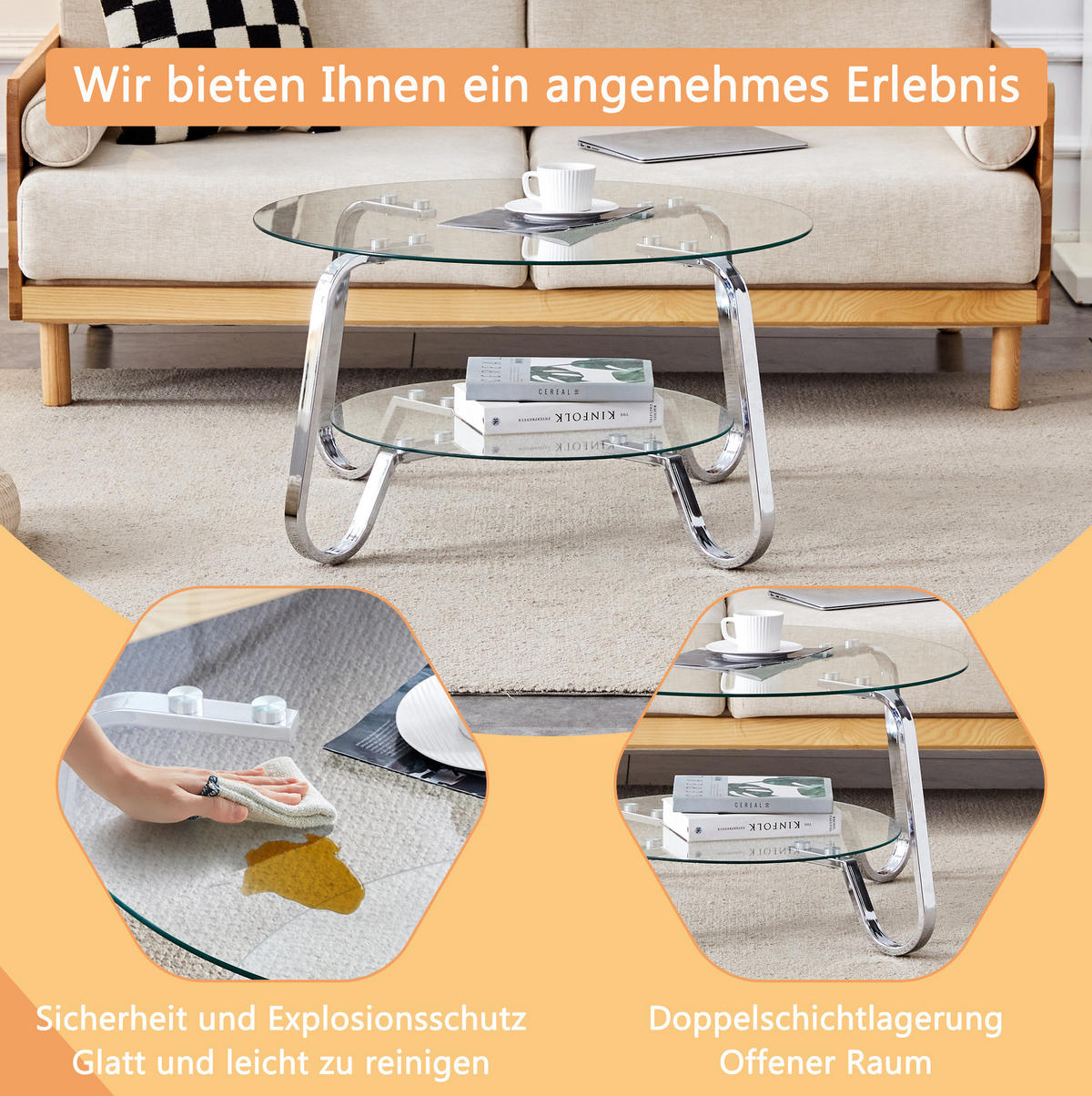 COUCHTISCH 80/80/45 cm 2-stufig mit Glasplatten und Metallgestell, elegante offene Optik, Silber - Silberfarben, Metall (80/80/45cm) - Redom