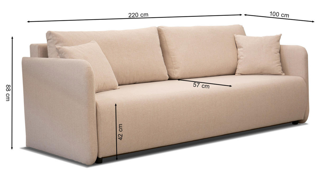 SOFA Anvio hellbeige mit Schlaffunktion - Ecru/Schwarz, Kunststoff/Textil (220/88/100cm) - Selsey
