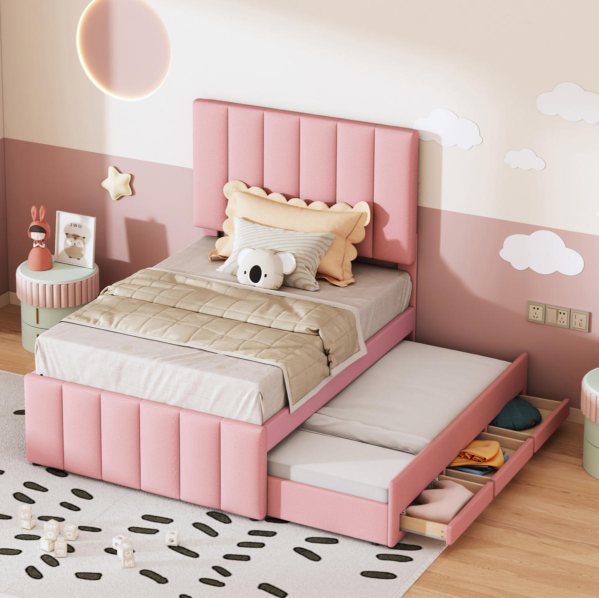 POLSTERBETT 90/200 cm mit Ausziehbett, 3 Schubladen und höhenverstellbarem Kopfteil, Leinenbezug, Rosa - Pink, Textil (90/200cm) - Redom