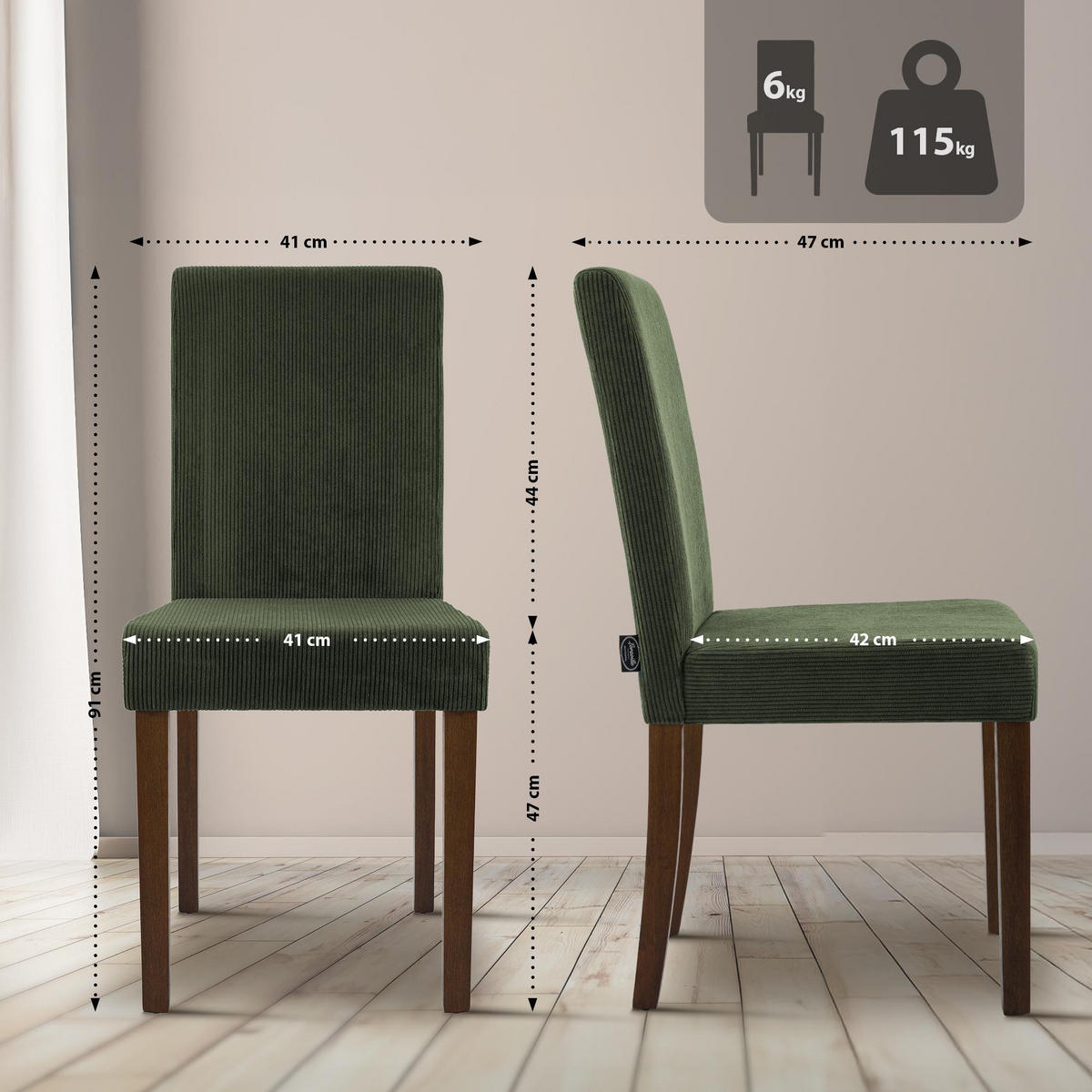 ESSZIMMERSTUHL Cord Grün - Grün, Holz/Textil (41/91/47cm) - CLP