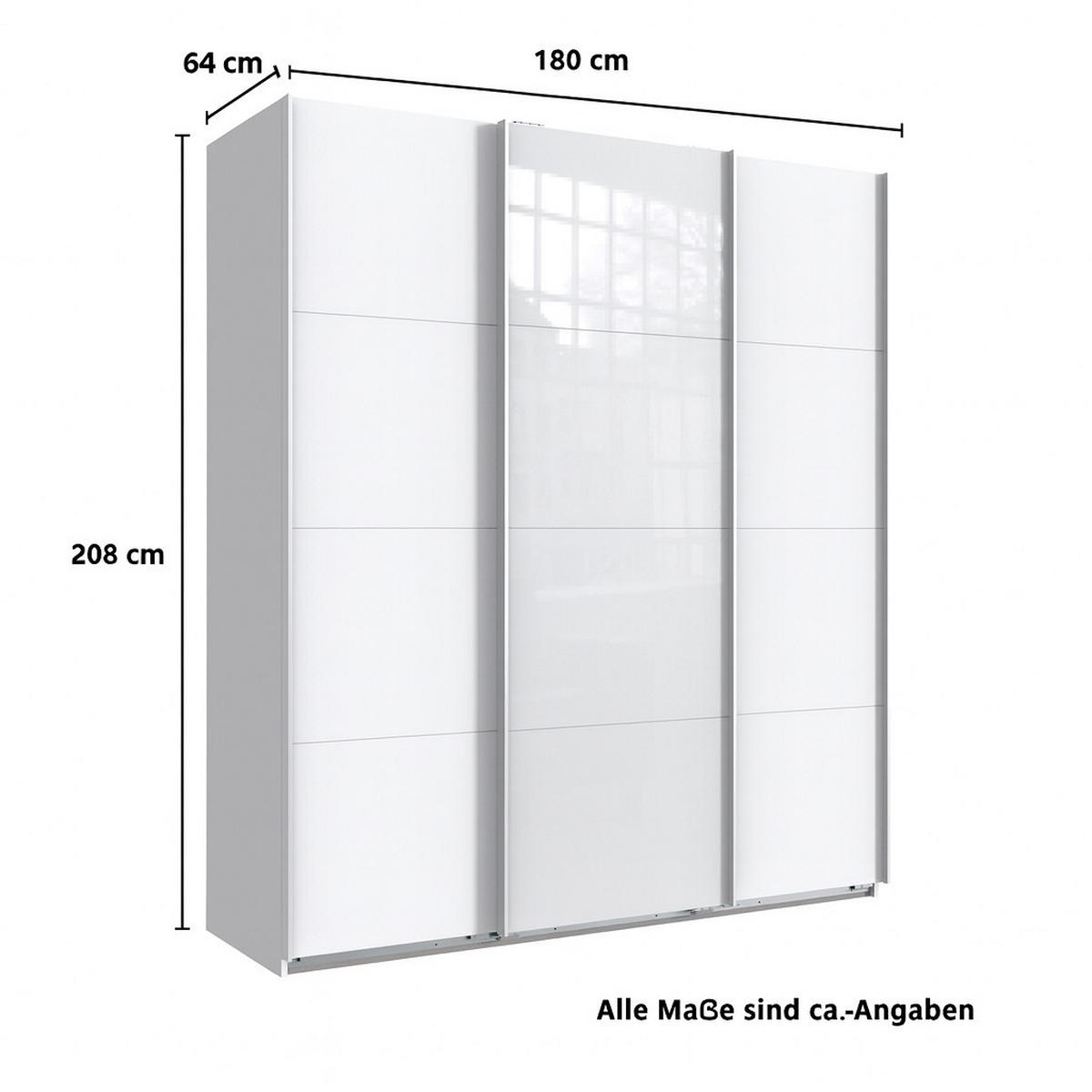 SCHWEBETÜRENSCHRANK 3-türig in Weiß, eine Tür mit Glasfront Weiß, B180/H208/T64 cm / 22514 - Weiß Hochglanz/Weiß, Holzwerkstoff/Metall (180/208/64cm) - luma-home