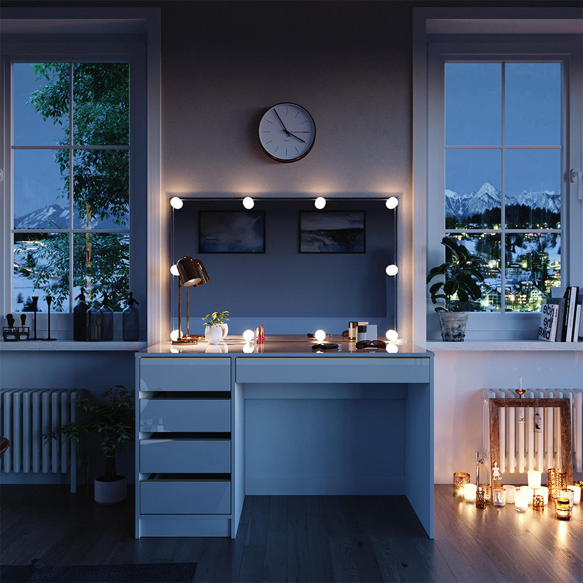 SCHMINKTISCH Sherry Weiß/Gold 120 cm mit LED Beleuchtung - Goldfarben/Weiß, Holzwerkstoff (120/75/55cm) - Vicco