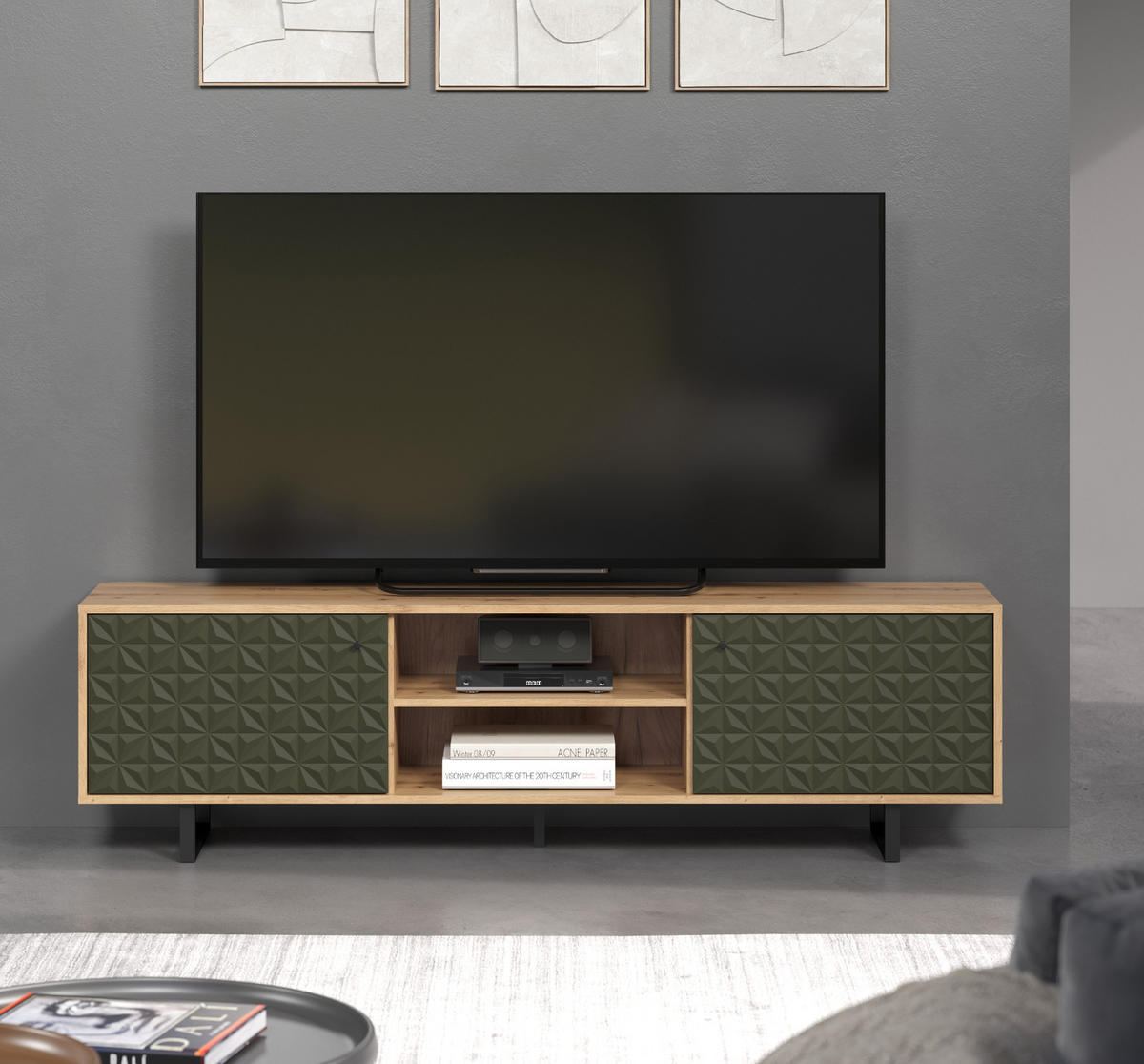 TV-LOWBOARD grün matt mit 3D Struktur, Eiche Artisan 184 cm, TV-Unterteil mit Soft-Close - Schwarz/Eiche Artisan, Holzwerkstoff/Kunststoff (184/52/40cm) - Top.Furn