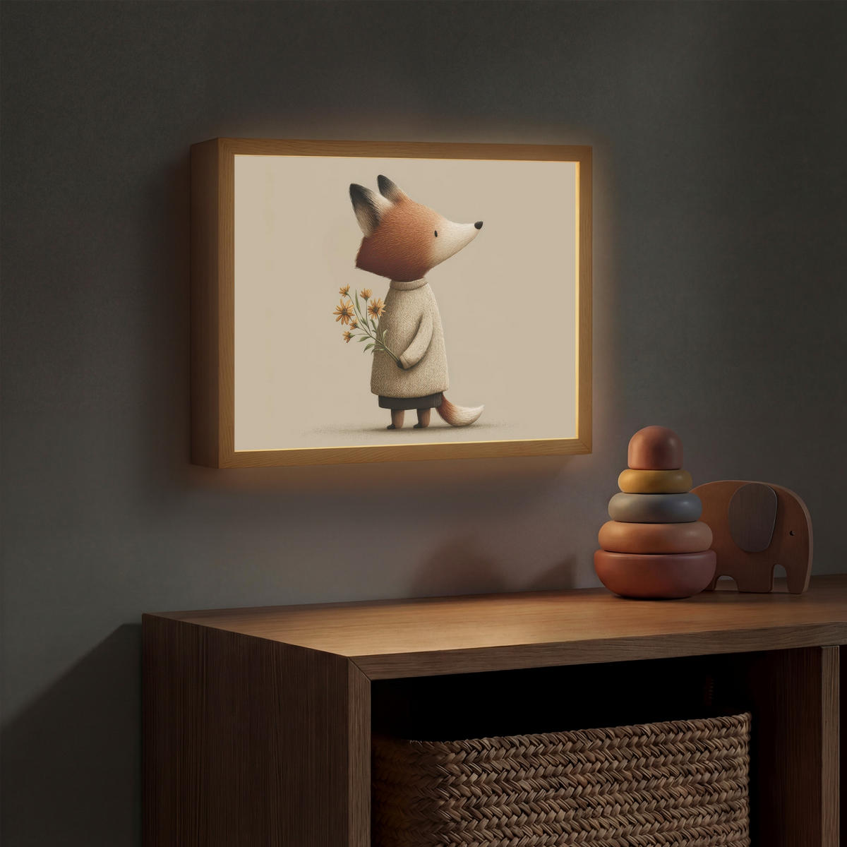 DOBÍJECÍ NOČNÍ LAMPIČKA Liška - Žluté květy - Minimalistický 40x30 cm - šedohnědá, kompozitní dřevo (8/40/30cm) - OnlyWow