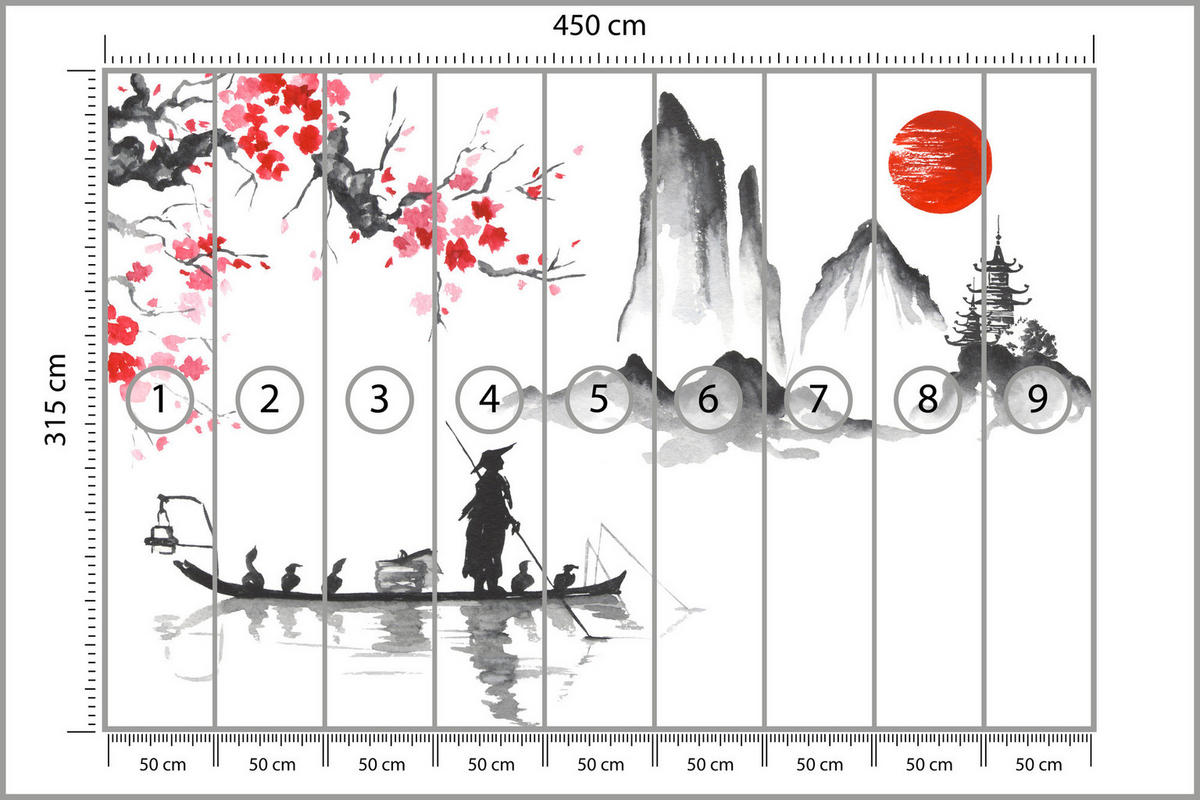 FOTOTAPETE Japanische Landschaft Aquarell 450x315 - Rot/Schwarz, Papier (450/315cm) - Muralo