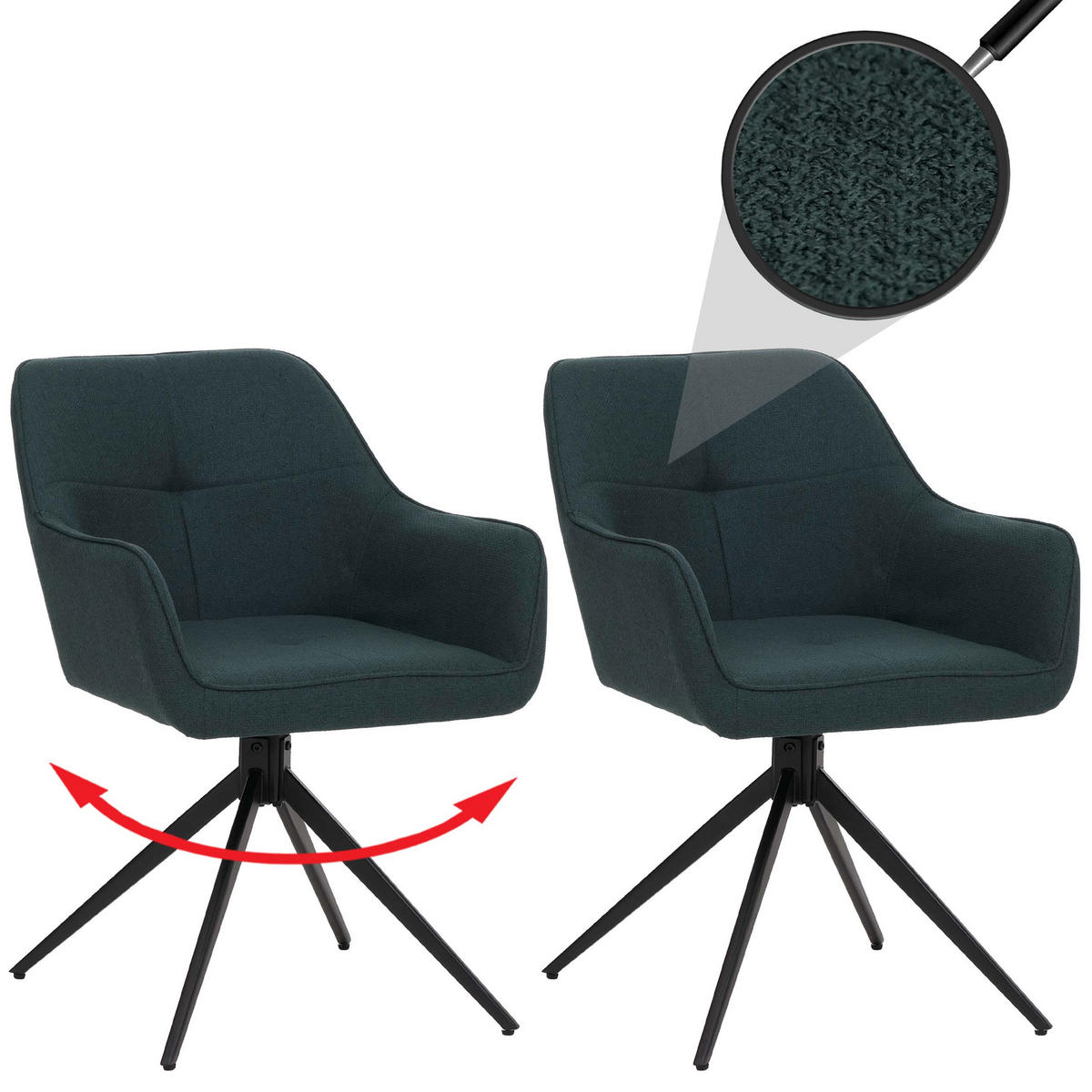 2ER-SET Esszimmerstuhl | HxBxT 80x53x59cm | Sitzhöhe 41cm | Stoff/Textil (270g/m²) | Petrol-Grün | Küchenstuhl Armlehne - Grün, Textil (53/80/59cm) - CHEFGASTRO