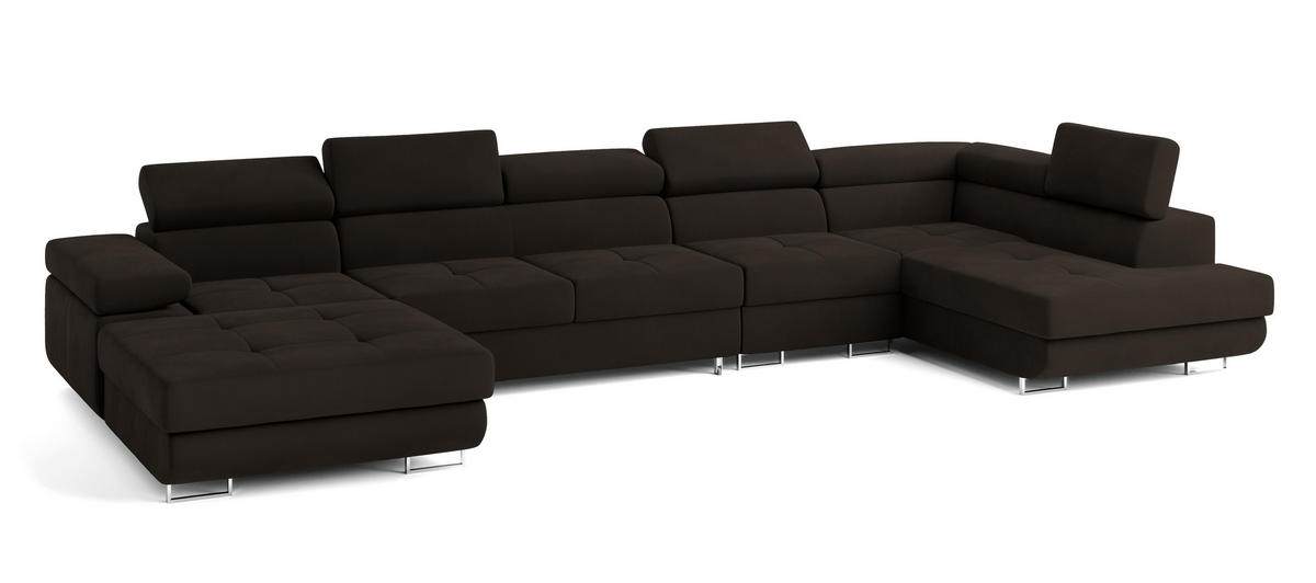 WOHNLANDSCHAFT VELORA R-S Braun Velours-Stoff mit Schlaffunktion - Braun, Holz (419/90/202cm) - MASSENO