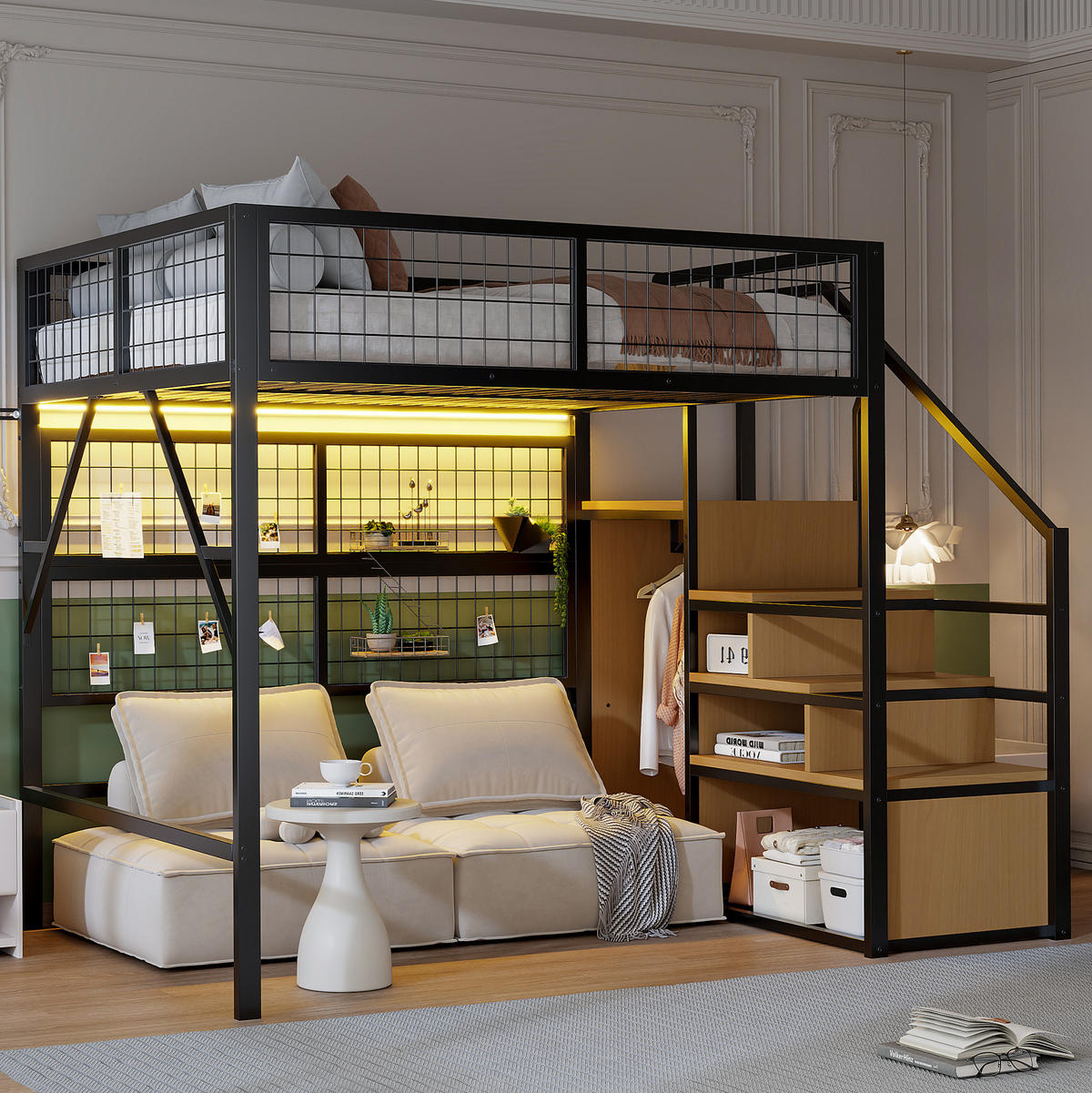 HOCHBETT aus Metall und MDF 140x200 cm Schwarz mit Stauraumtreppe, Kleiderschrank und App-gesteuerter LED-Beleuchtung - Schwarz, Metall (140/200cm) - IVMEU