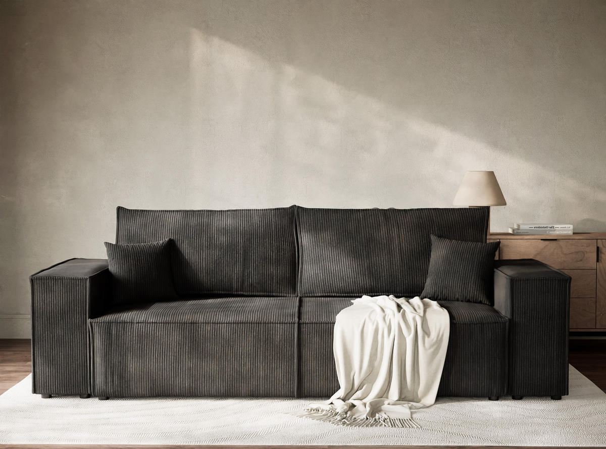 SOFA MIT SCHLAFFUNKTION Milos Anthrazit Samtstoff - Anthrazit/Schwarz, Holz/Holzwerkstoff (255/70/105cm) - Maison de Reve