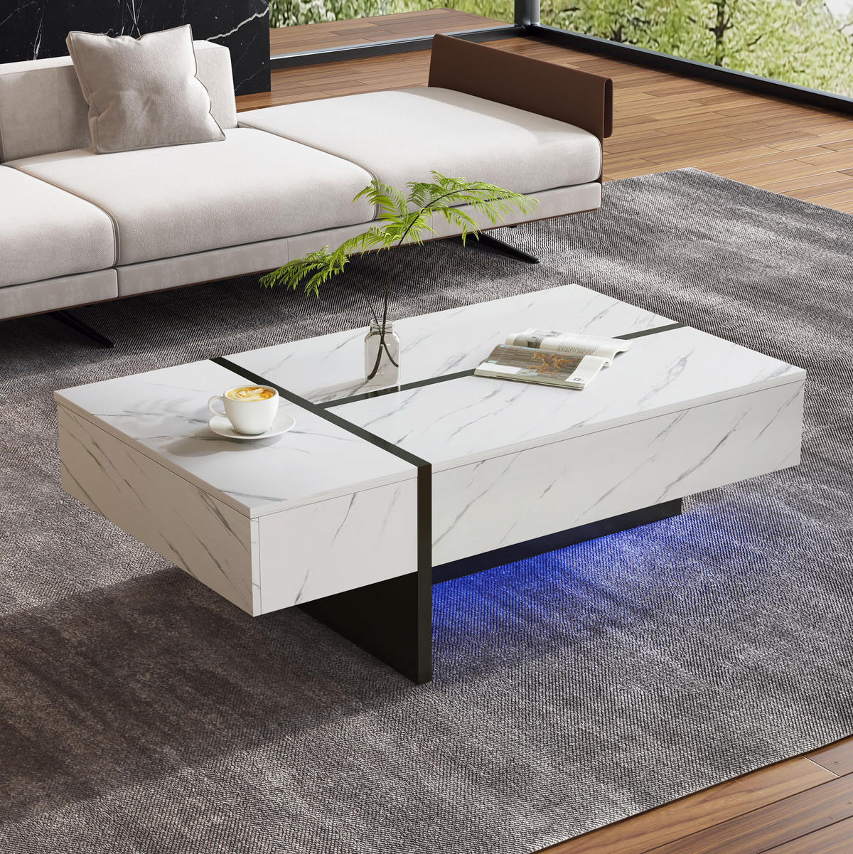 COUCHTISCH mit LED und 3 Schubladen 105 x 60 cm Weiß - Weiß, Holzwerkstoff (105/60/35cm) - Meubliv