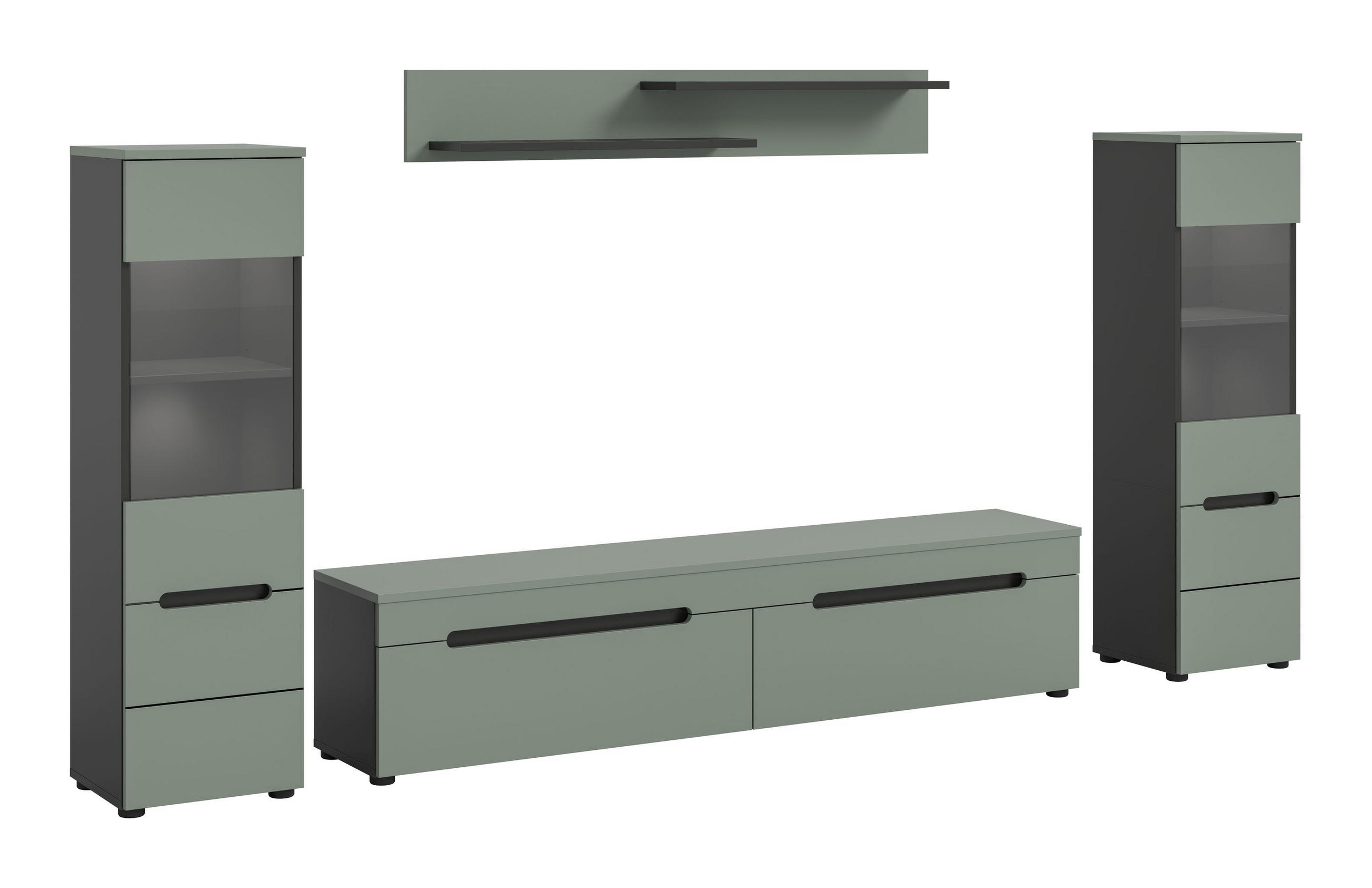 WOHNWAND inkl Beleuchtung Nova 4 tlg. (B/H/T: ca. 272/141/33 cm) in Basalt grau/Smoke Green - Grau, Holzwerkstoff (272/141/33cm)