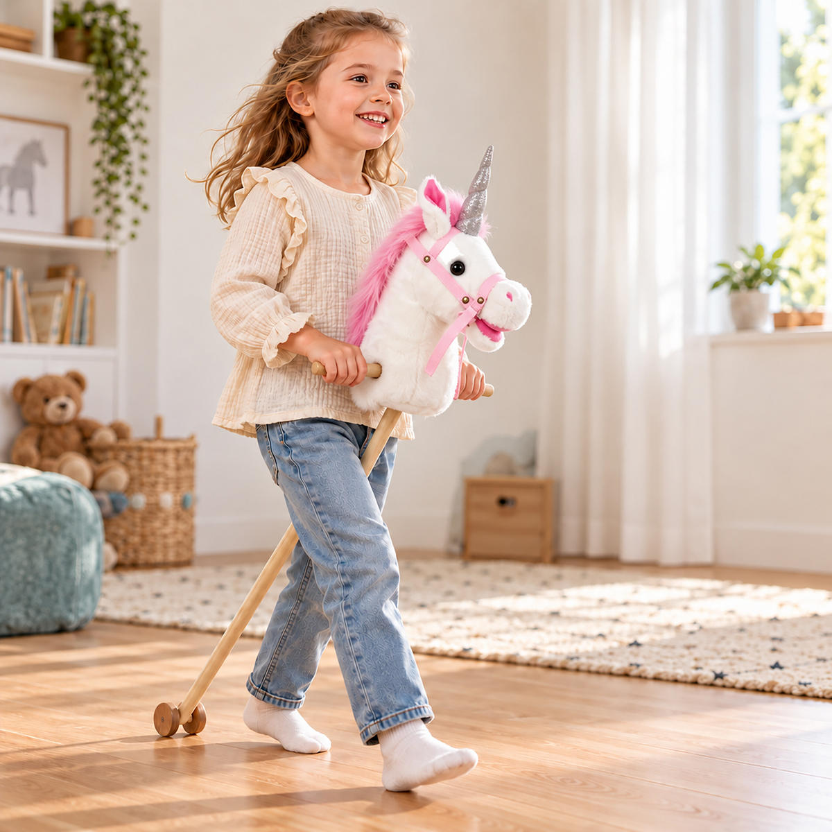 STECKENPFERD Weiß Rosa mit Sound Plüschkopf 95 cm - Weiß, Holz/Kunststoff (20/95/20cm) - Relaxdays