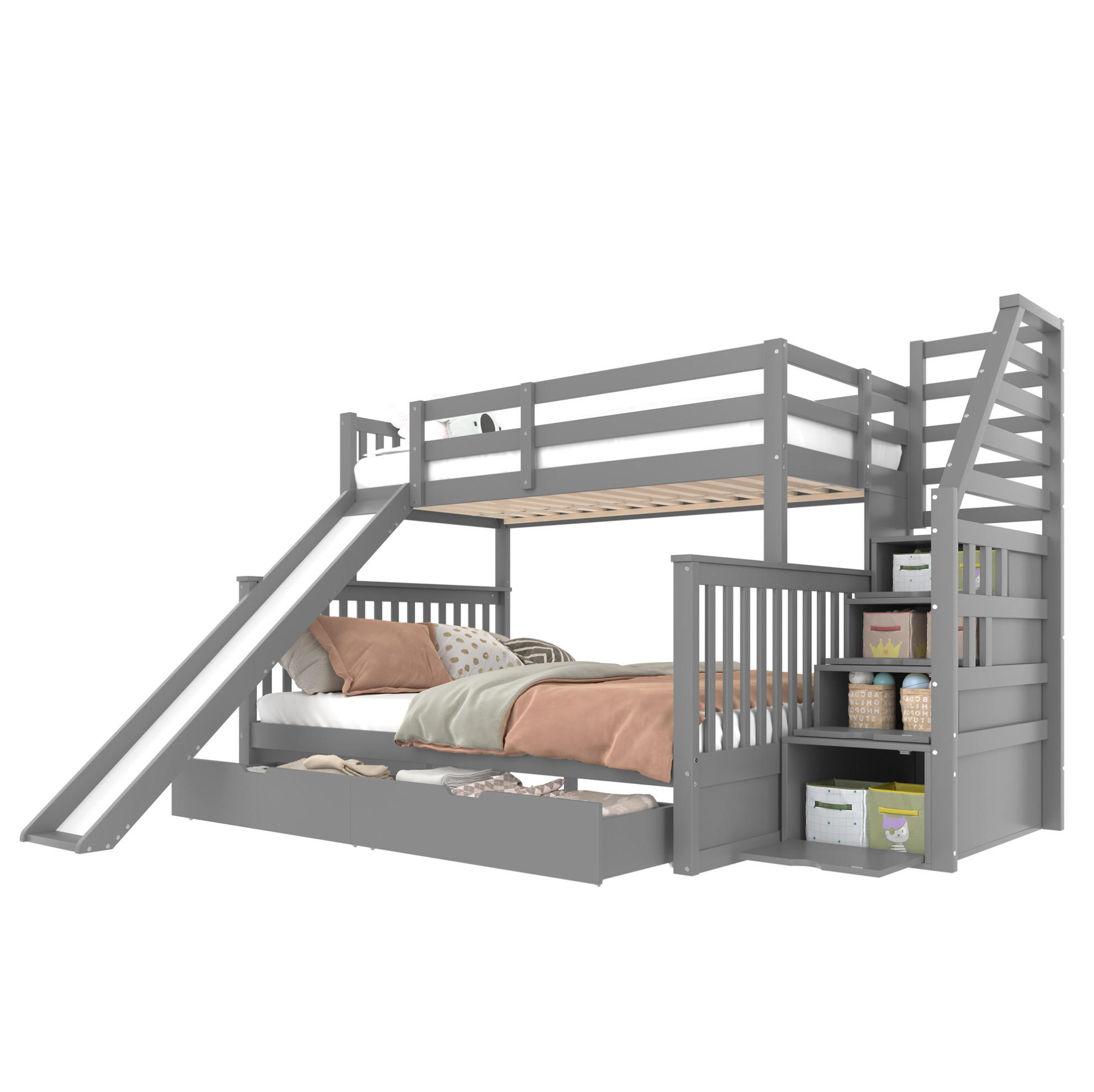 ETAGENBETT mit Rutsche und Schubladen 90x200/140x200 cm Kiefernholz Grau - Grau, Holzwerkstoff (140/200cm) - Beauniv