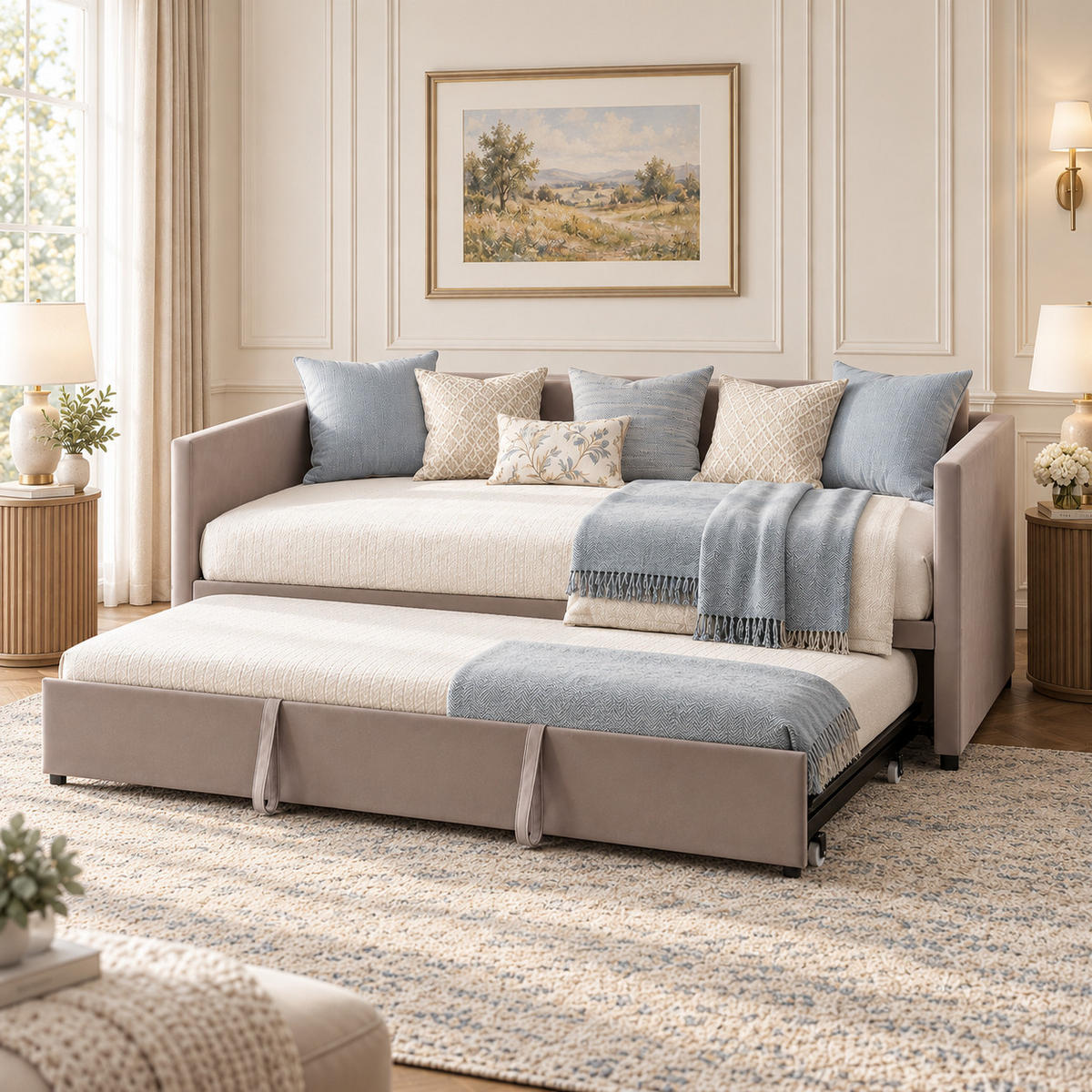 SCHLAFSOFA Samt grau ausziehbar mit Gästebett Funktion 3-fach umwandelbar Tagesbett mit Rollen - Grau, Metall (183/74/213cm) - Joyfair