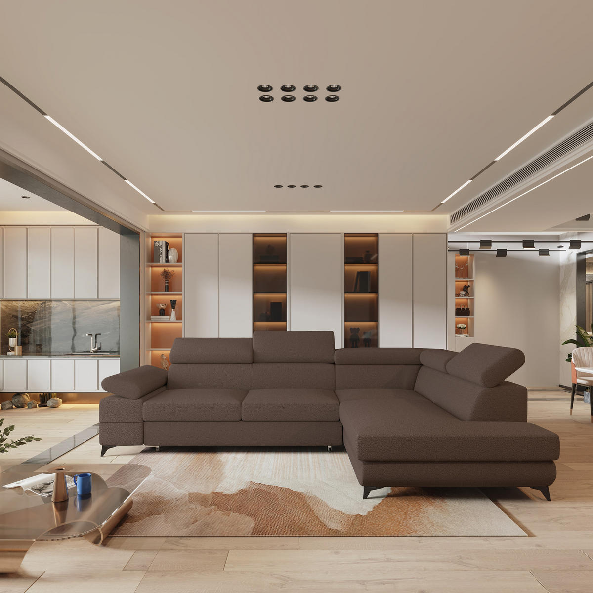 ECKSOFA FAVIEN R-S Braun Boucle-Stoff mit Schlaffunktion - Braun, Holz (257/190cm) - MASSENO