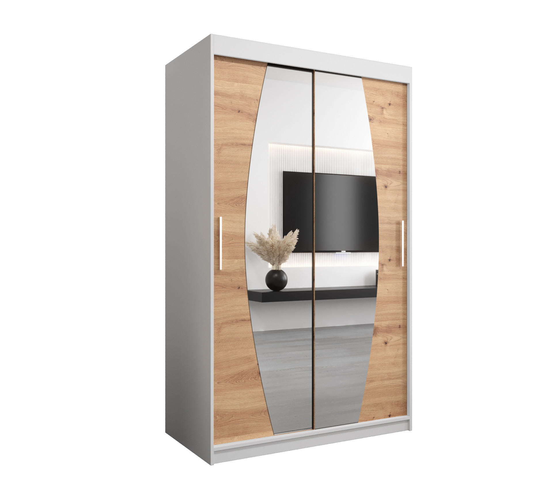 Abiks Möbel Schwebetürenschrank Weiß, Eiche Artisan 120x200x62 cm
