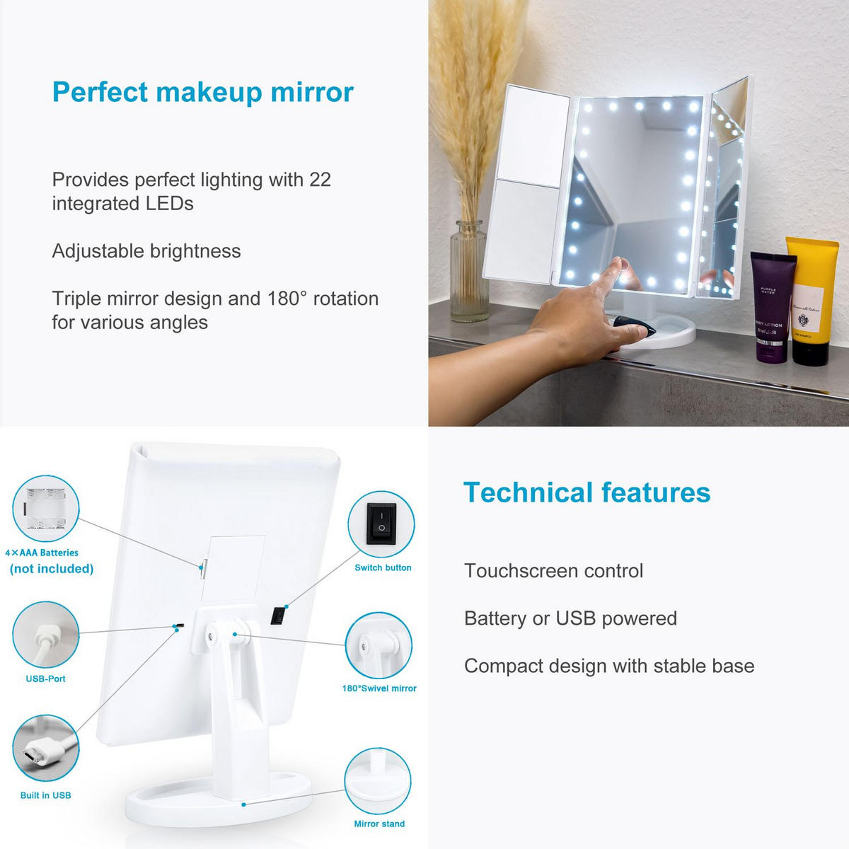 SCHMINKSPIEGEL mit LED und USB Kabel 28/18/11.7 cm - Weiß, Kunststoff (11.7/28/18cm) - Intirilife