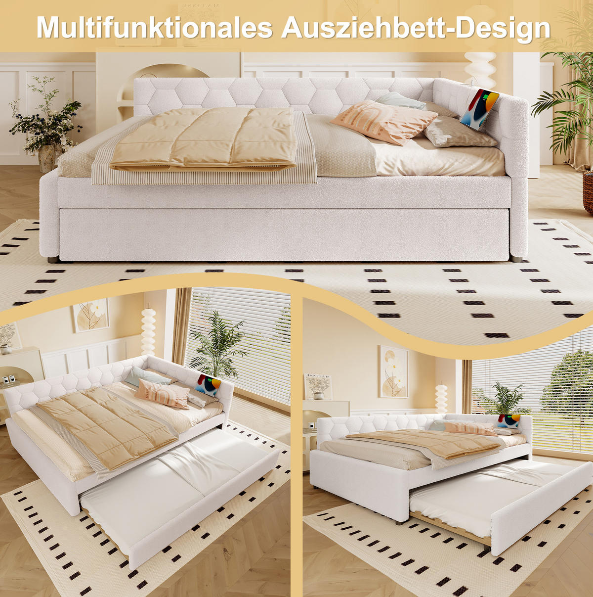 POLSTERBETT 140/200 cm Weiß aus Vliesimitat und MDF mit Ausziehbett - Weiß, Textil (140/200cm) - OKMYHOME
