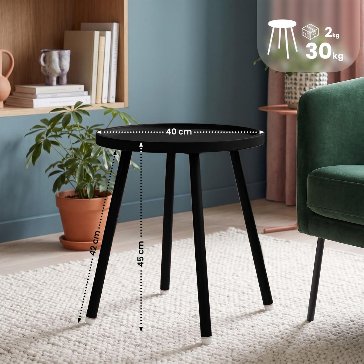 BEISTELLTISCH rund 40 cm Kunststoff Schwarz - Schwarz, Kunststoff/Metall (40/40/45cm) - CLP