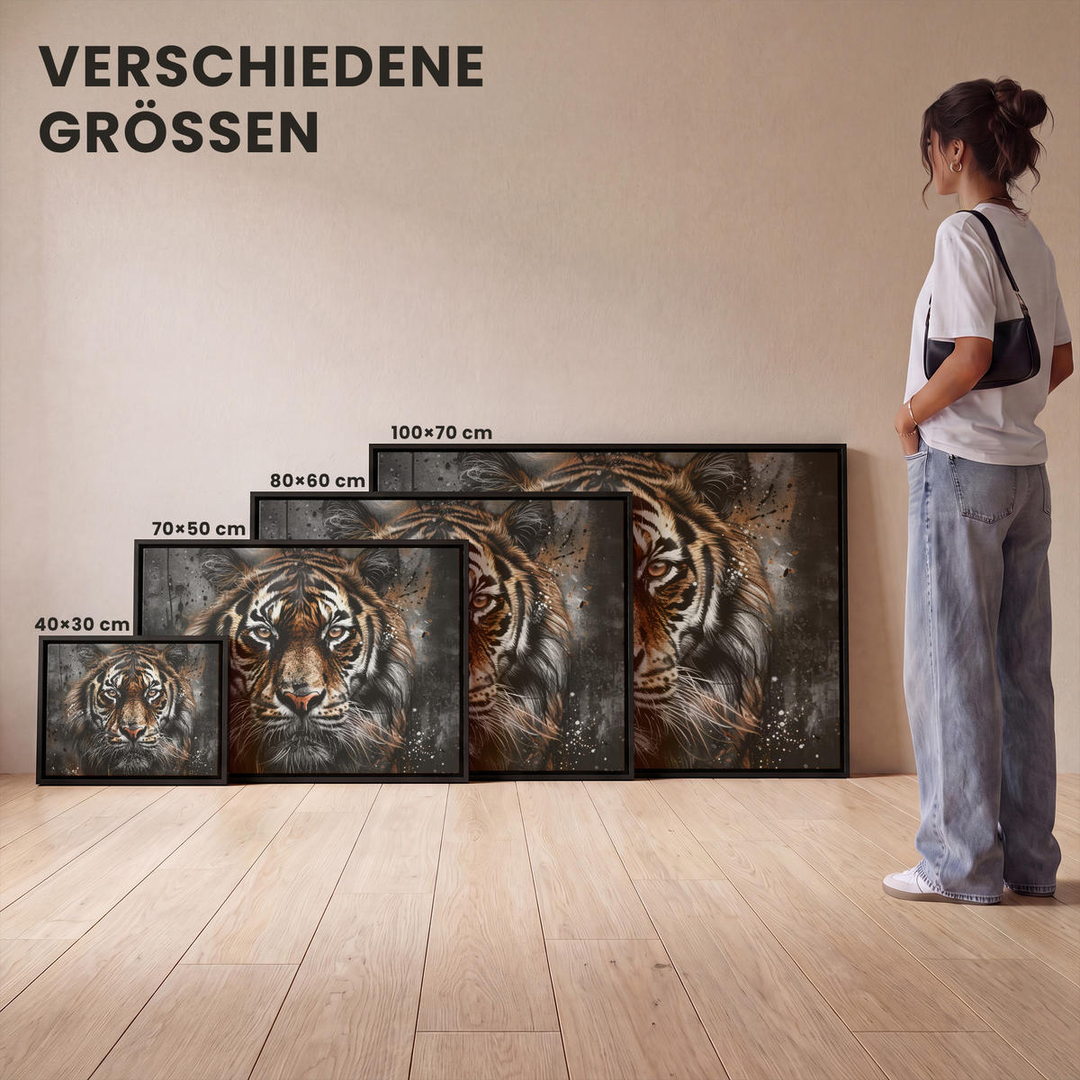LEINWAND Bilder mit Rahmen - Tiger - Tiere - Porträt - Luxus - Schwarz - 70x50 - Braun, Textil (70/50cm) - MuchoWow