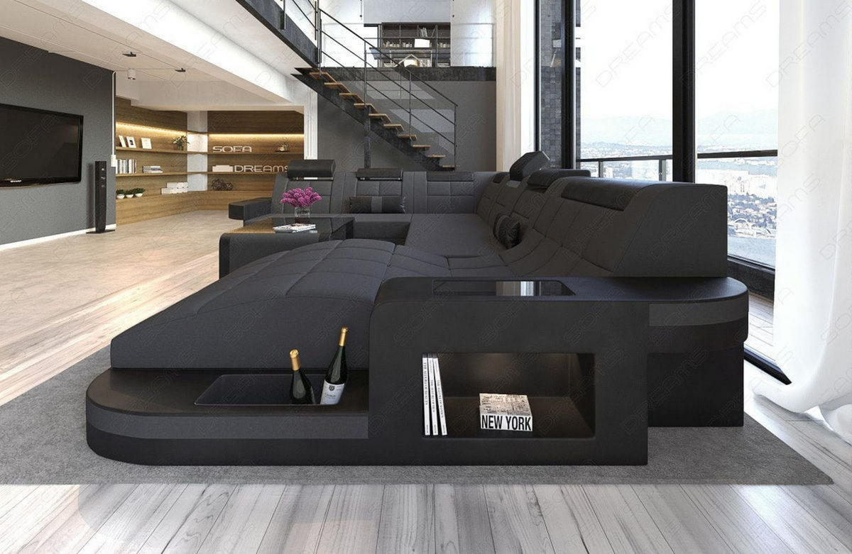 WOHNLANDSCHAFT Wave Dunkelgrau Schwarz Mikrofaserstoff - Dunkelgrau, Kunststoff (379/80/274cm)