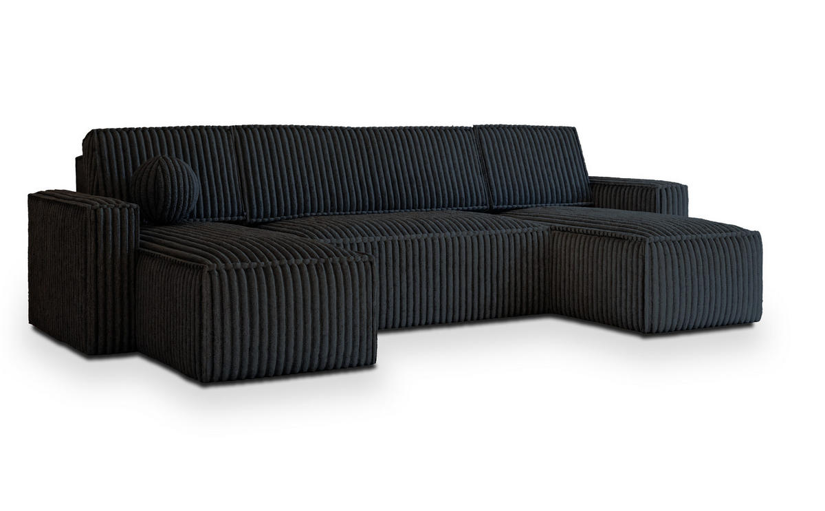WOHNLANDSCHAFT PESANO T Schwarz Kordstoff mit Schlaffunktion - Schwarz, Holz (306/85/140cm) - MASSENO