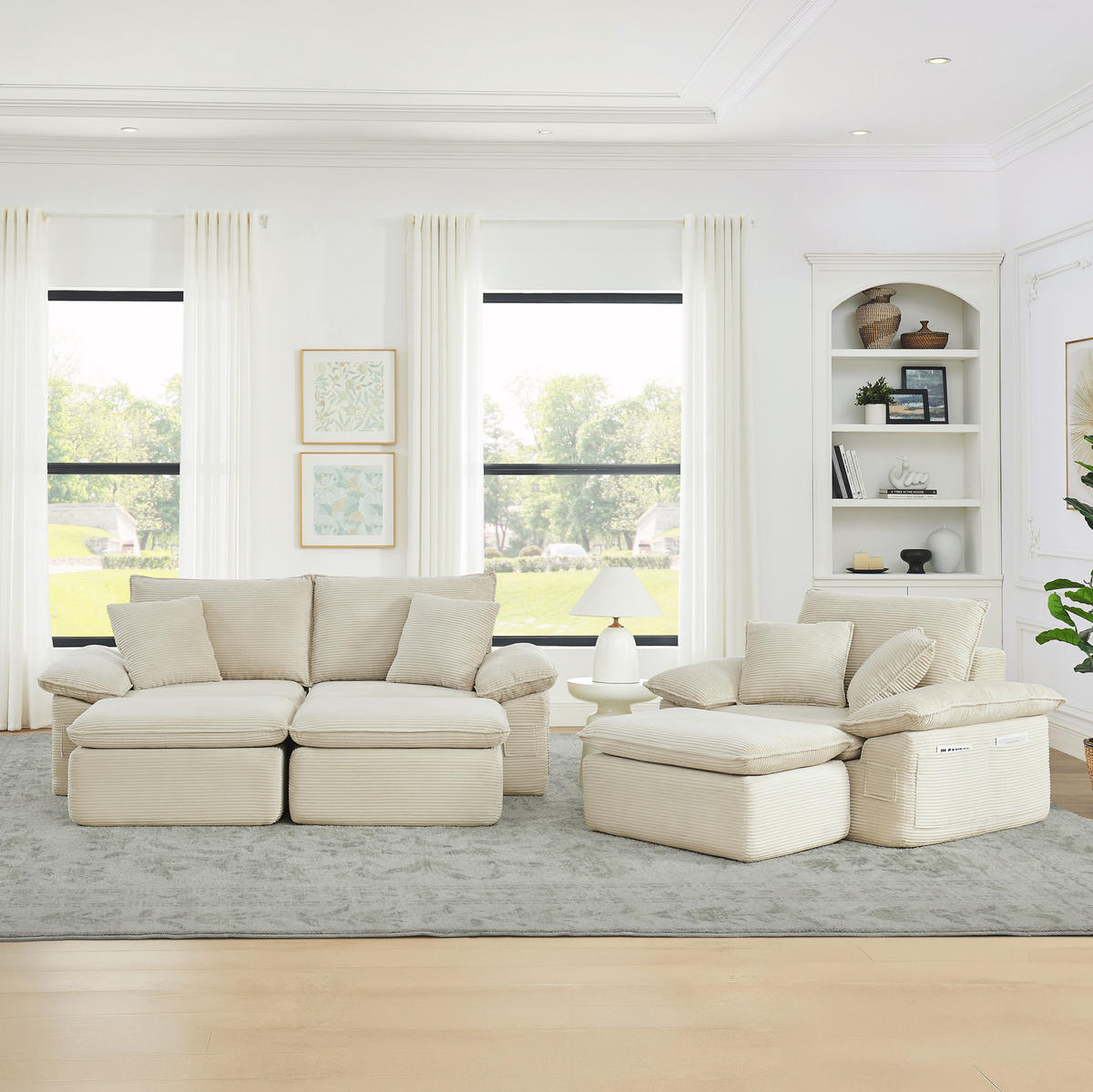 2-SITZER-BODENSOFA 156/206/65 cm beige aus Stoff mit Fußstütze und Seitentaschen - Beige, Textil (206/65/156cm) - OKWISH
