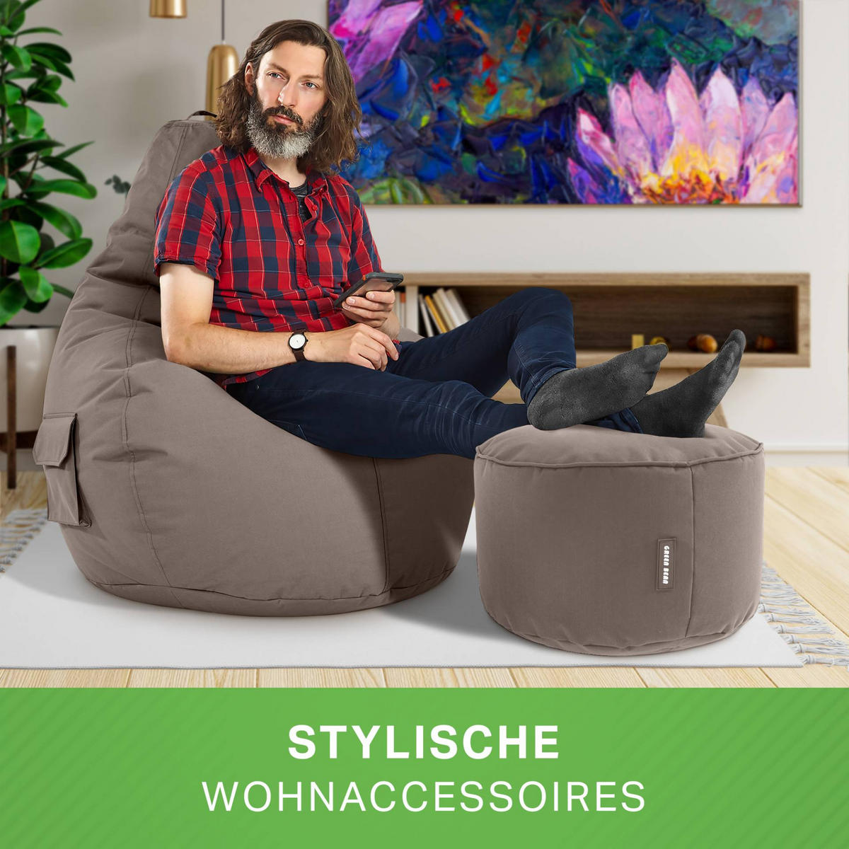 SITZSACK + Hocker "Cozy+Stay" 2er Set - Braun, Textil (70/90/80cm) - Green Bean