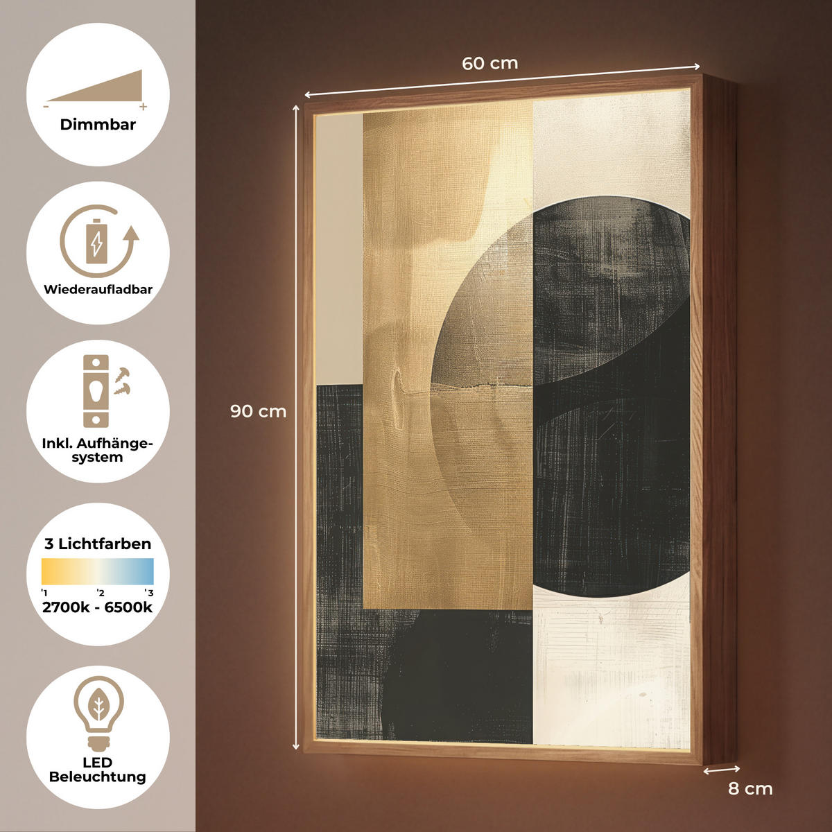 WANDLEUCHTE MIT AKKU Abstrakt - Modern - Schwarz - Gold 60x90 cm - Sandfarben, Holzwerkstoff (60/90/8cm) - OnlyWow