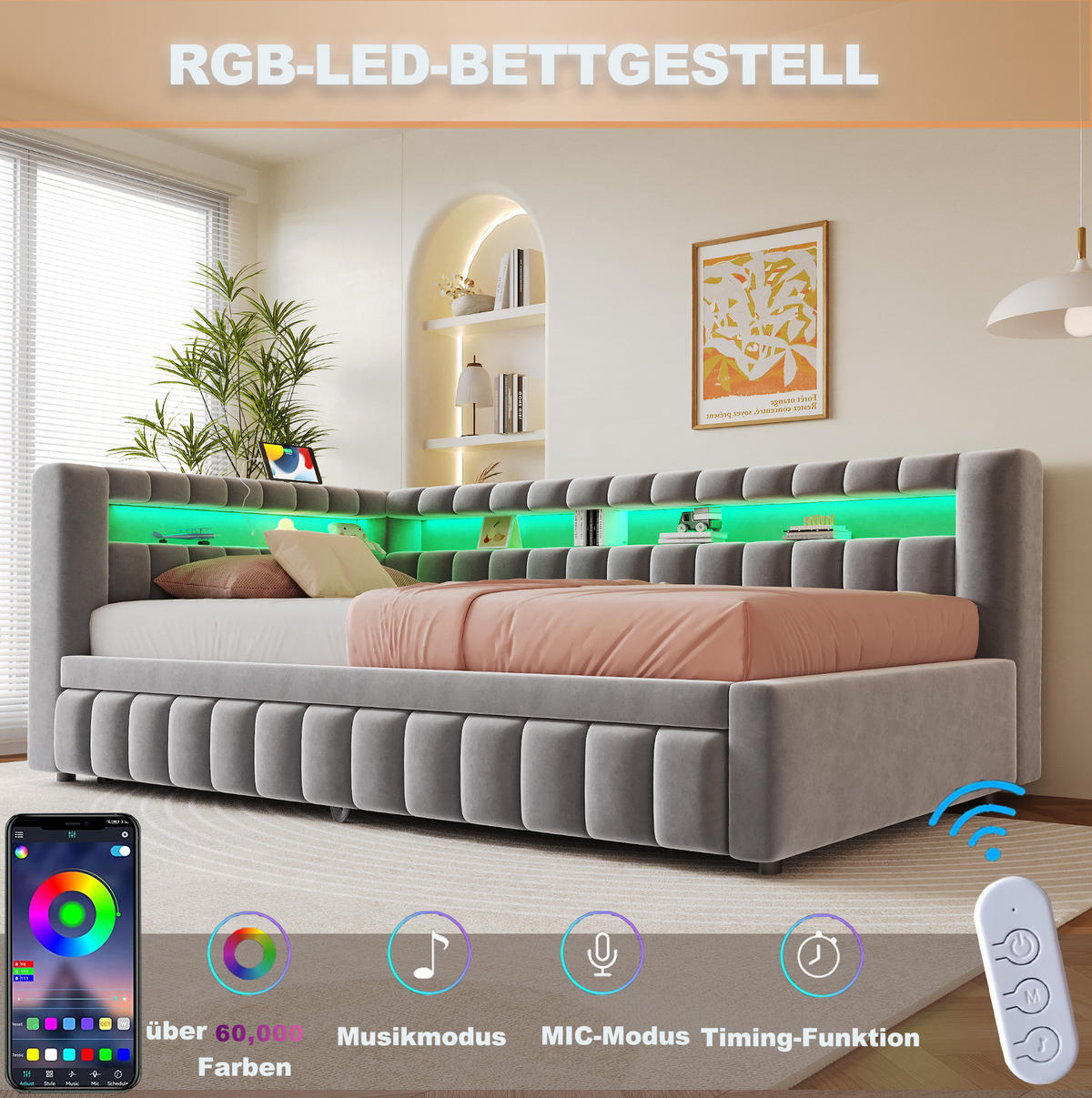 POLSTERBETT 90/200 cm in Hellgrau mit LED-Beleuchtung und USB- sowie Type-C-Anschlüssen - Hellgrau, Textil (90/200cm) - Flora Grace