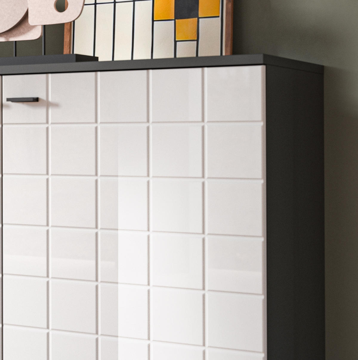 KOMMODE weiß Hochglanz, grau 92 cm, Sideboard mit 6 Fächern - Weiß Hochglanz/Schwarz, Holzwerkstoff/Kunststoff (92/86/37cm) - Inn.Furn