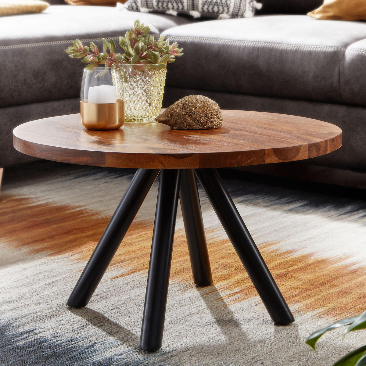COUCHTISCH rund aus Massivholz und Metall, Handgefertigt - Schwarz/Braun, Holz/Metall (60/60/35cm) - KADIMA DESIGN