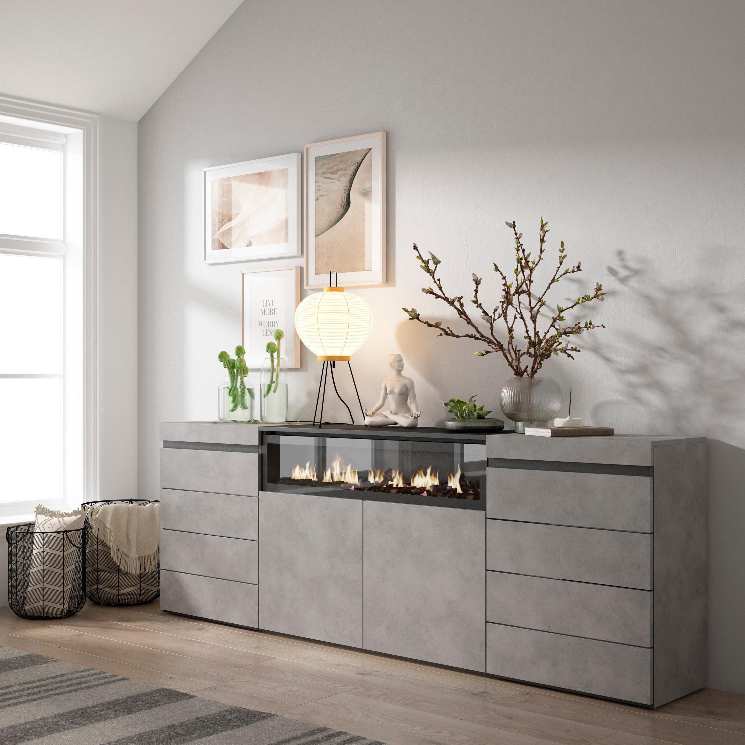 KOMMODE mit Schubladen, Elektrokamin, zementgrau, 214/35/75cm - Grau, Holzwerkstoff (214/75/35cm) - Skraut Home