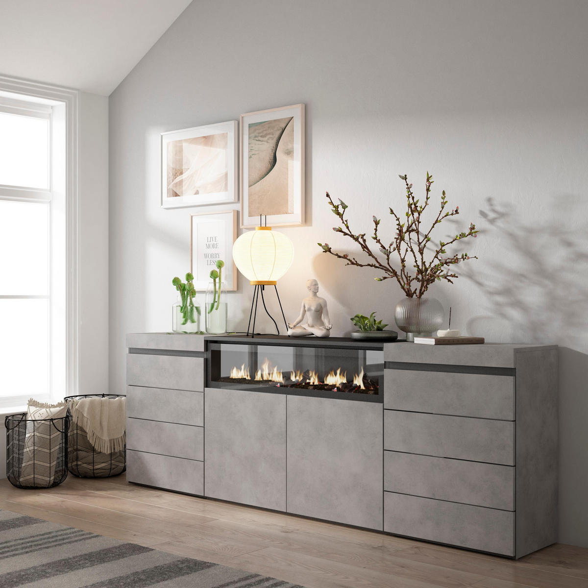 KOMMODE mit Schubladen, Elektrokamin, zementgrau, 214/35/75 cm - Grau, Holzwerkstoff (35/75/214cm) - Skraut Home