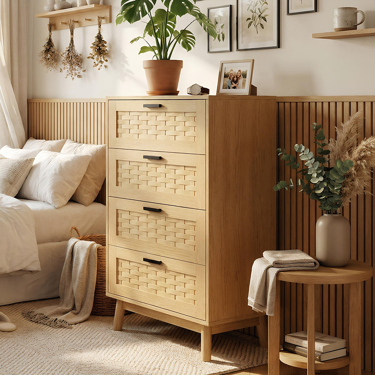 KOMMODE Japandi mit 4 Schubladen in Rattan-Optik 55/40/95 cm Eiche-Dekor - Eichefarben, Holzwerkstoff (55/95/39.8cm) - Creahappy