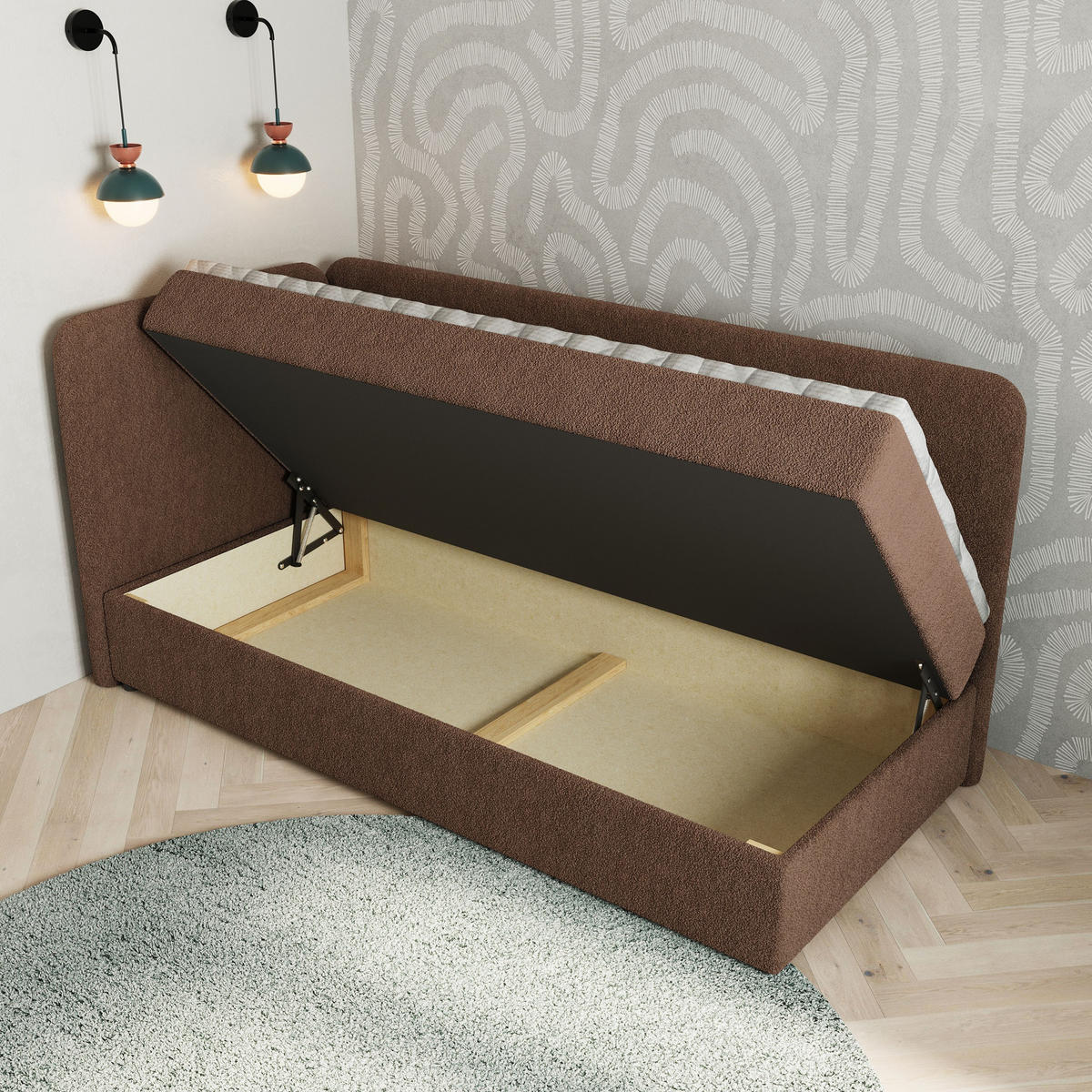 BOXBETT GINA 80x200 cm mit Matratze und Topper, H2+H3 - Braun - Braun, Holz (80/200cm) - MASSENO