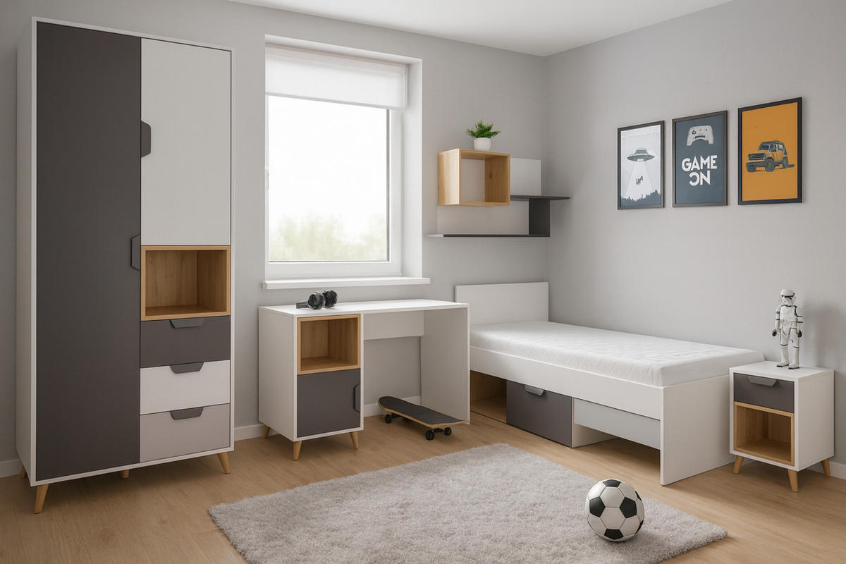JUGENDBETT JUSTIN 15 90/200 cm in Weiß / Graphit / Grau / Eiche - Eichefarben/Graphitfarben, Holzwerkstoff (95/96/204cm) - Deine Möbel 24