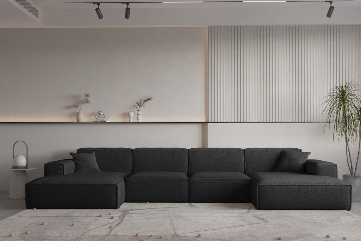 WOHNLANDSCHAFT Celes Premium Bukla - Schwarz, Holzwerkstoff/Textil (379/73/165cm) - Fun Möbel