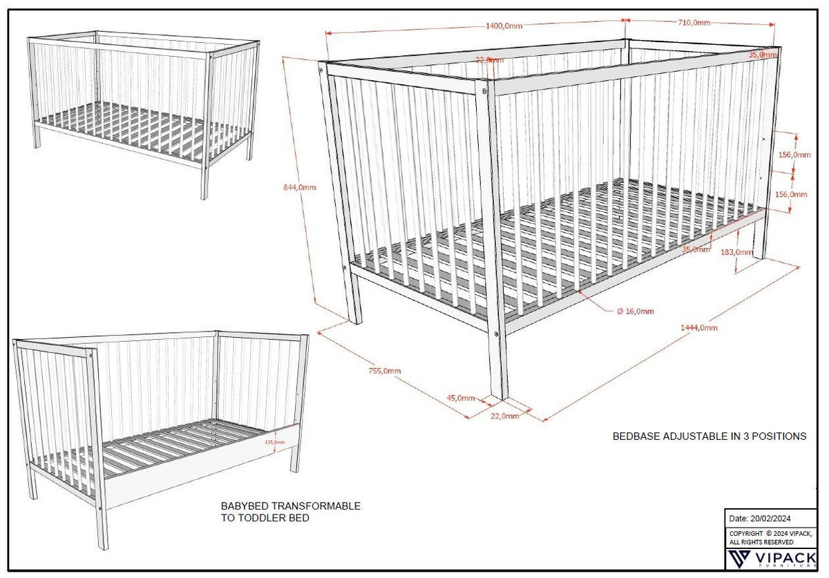 BABYBETT Kara-lynn 144x84x76 aus Massivholz in Buche Weiß - Weiß, Holz (70/140cm) - 58aufmkessel