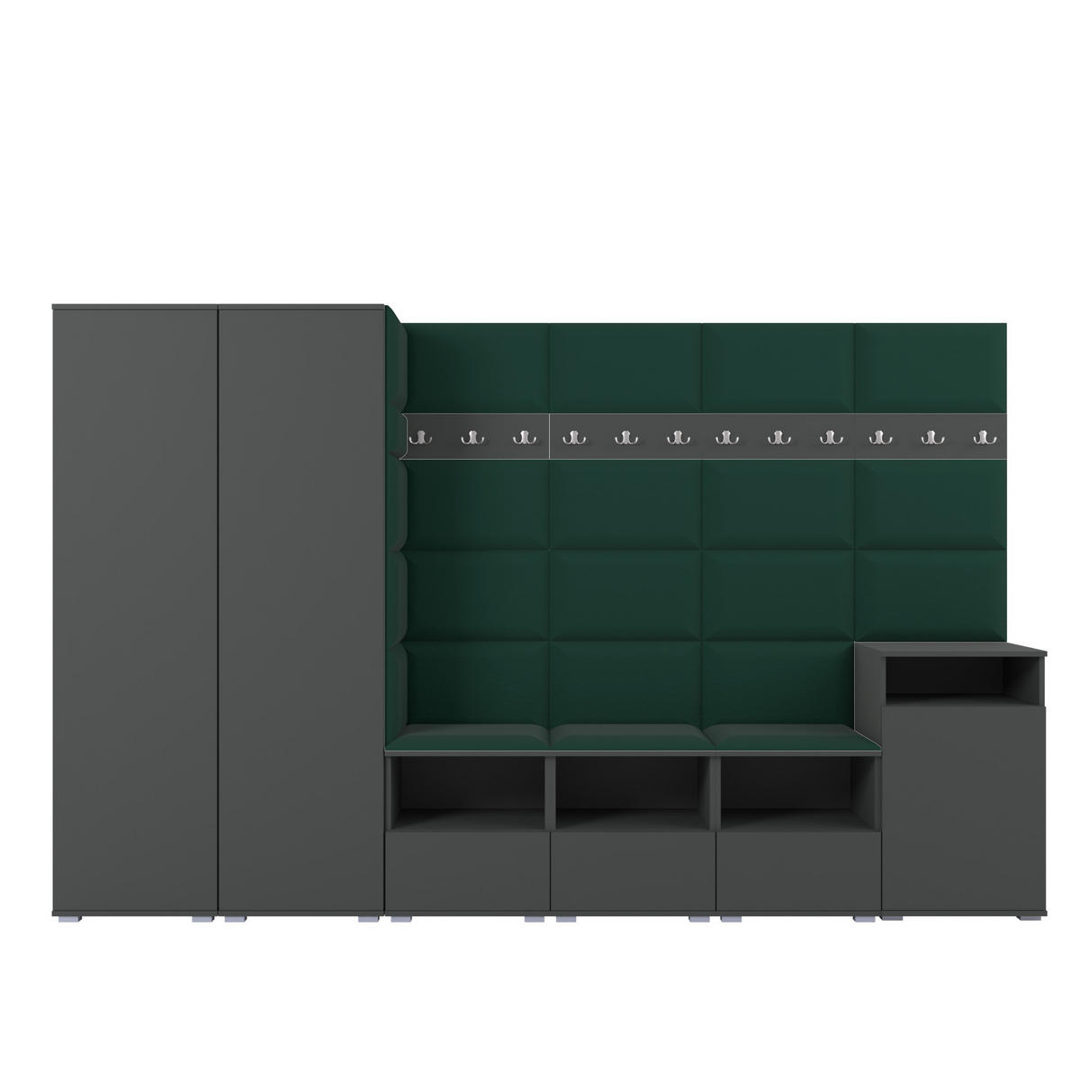 GARDEROBE NELA XII 300 cm (Modulare Flurmöbel Graphit mit Sitzpolster Flaschengrün 28 Gigantisches Set) - Dunkelgrün/Silberfarben, Holz/Holzwerkstoff (300/187/40cm) - Ravio