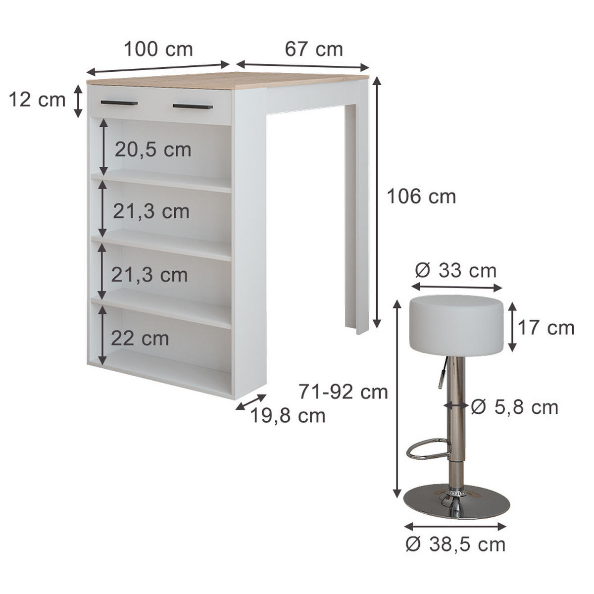 STOJACÍ BAROVÝ STŮL SE ŽIDLEMI Repose Bílá/Sonoma - bílá, kompozitní dřevo (100/67/106cm) - Vicco