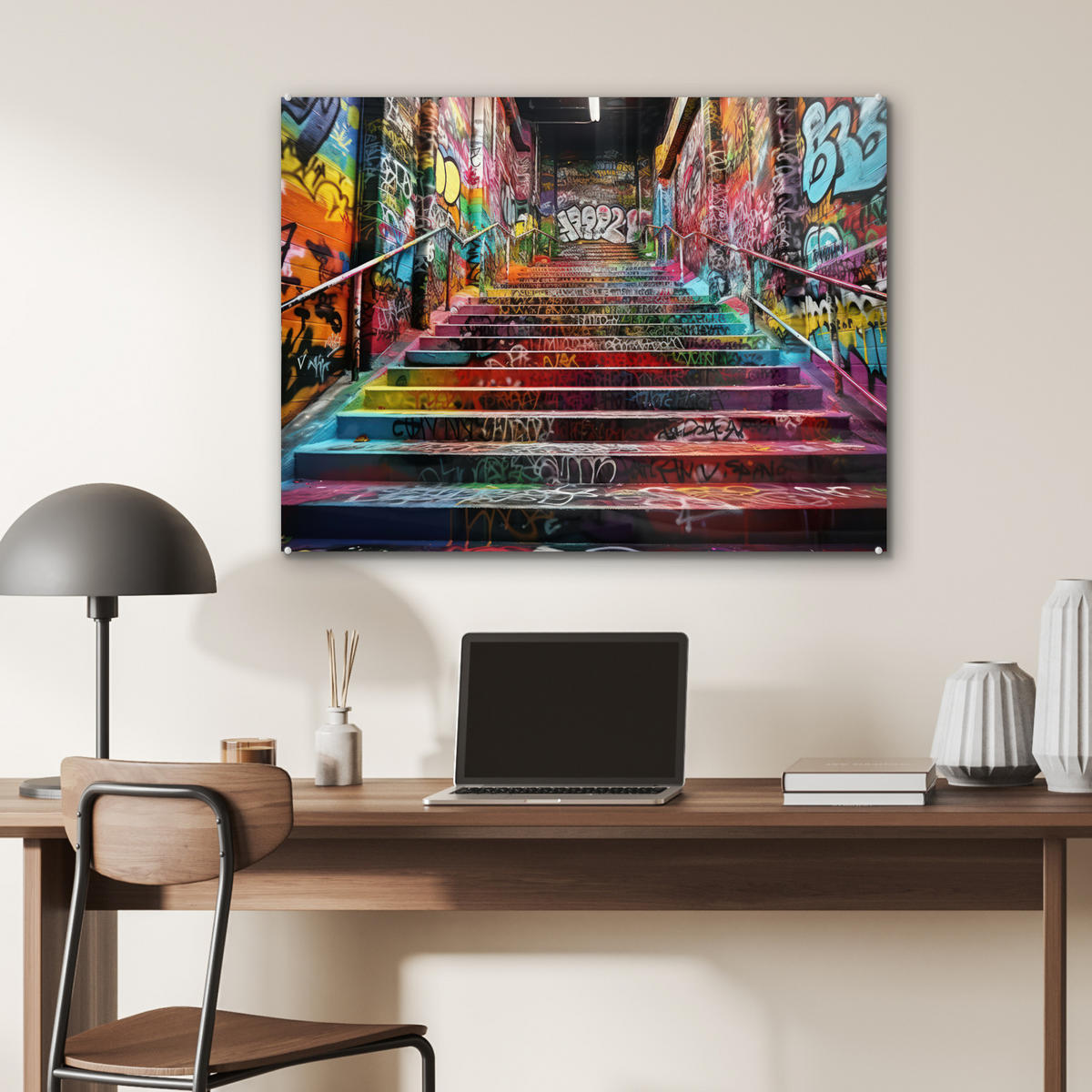 ACRYLGLASBILD Treppe - Graffiti - Farben - Kunst 80x60 cm - Multicolor, Glas (80/60cm) - MuchoWow