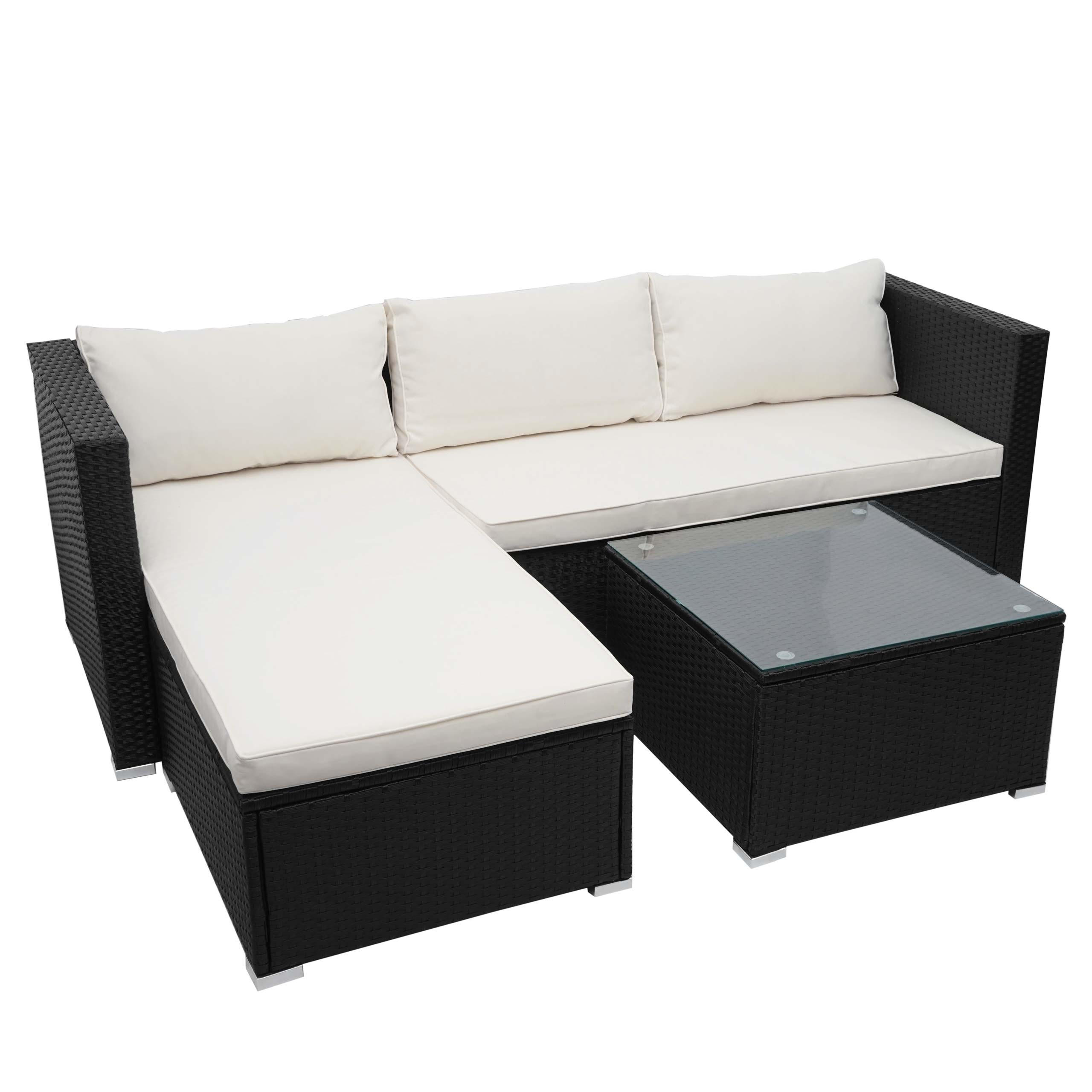POLY-RATTAN GARNITUR Schwarz, Cremeweiß - Schwarz/Weiß, Kunststoff - MCW