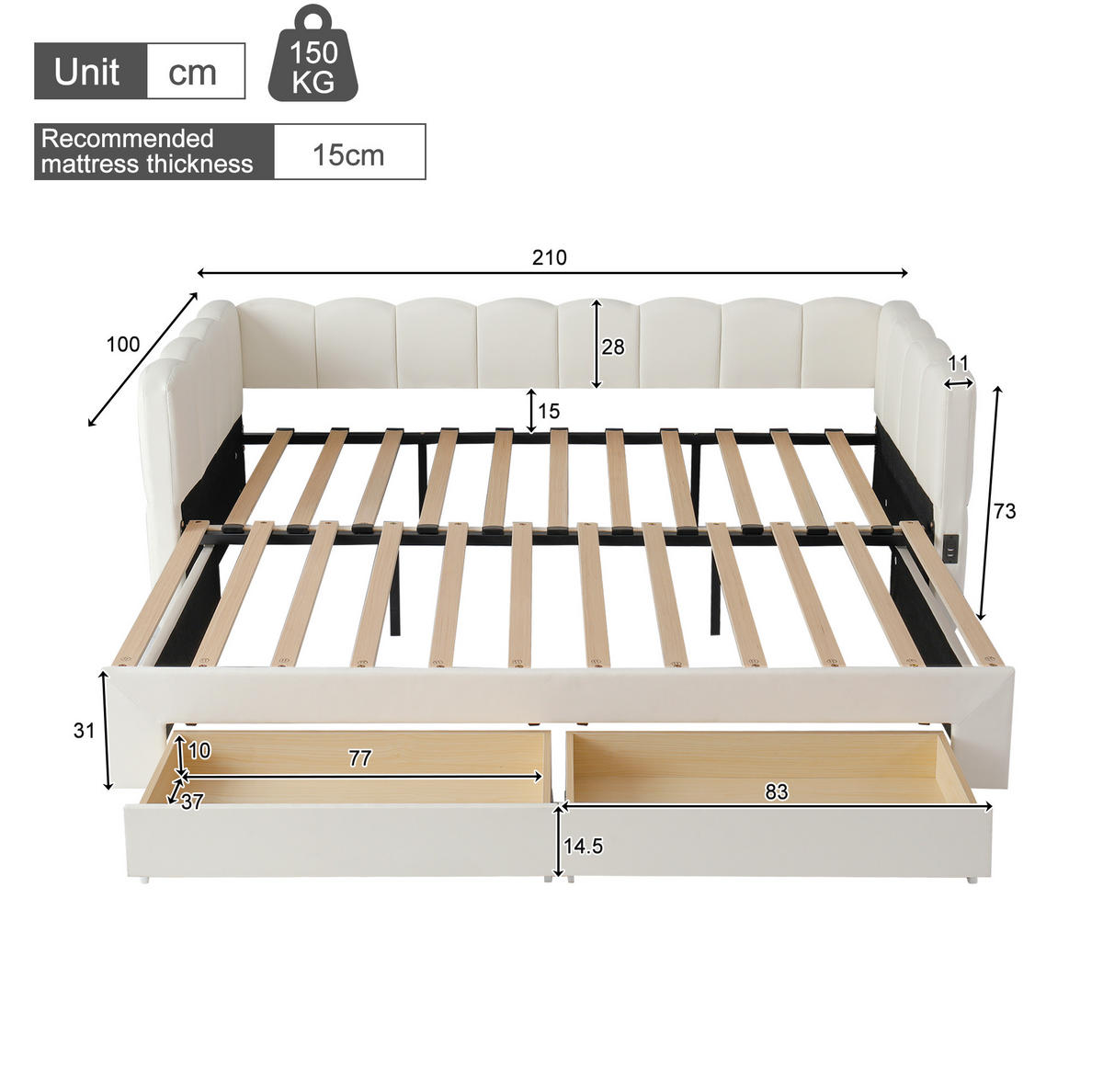 DNEVNI krevet od lanene tkanine 90x190 cm bež, izvlačiv na 180x190 cm s USB i Type-C priključcima te 2 ladice - bež, tekstil (90/190cm) - Modfu