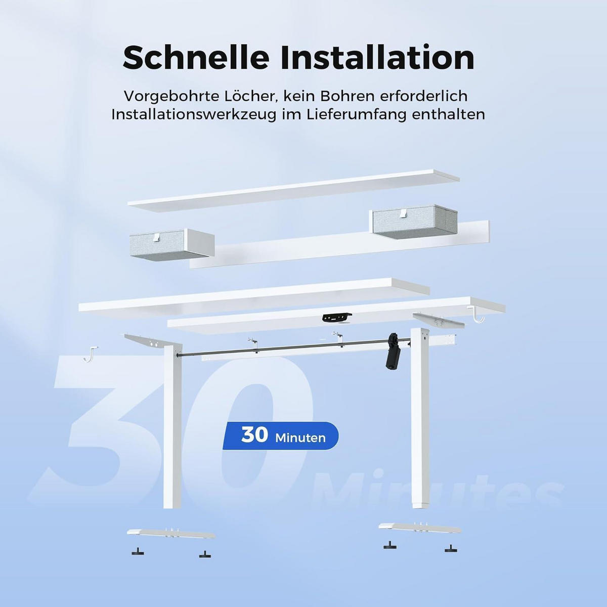 SCHREIBTISCH Höhenverstellbar Elektrisch mit 2 Schubladen 100 x 60 cm Weiß - Weiß, Holzwerkstoff (100/60/75cm)