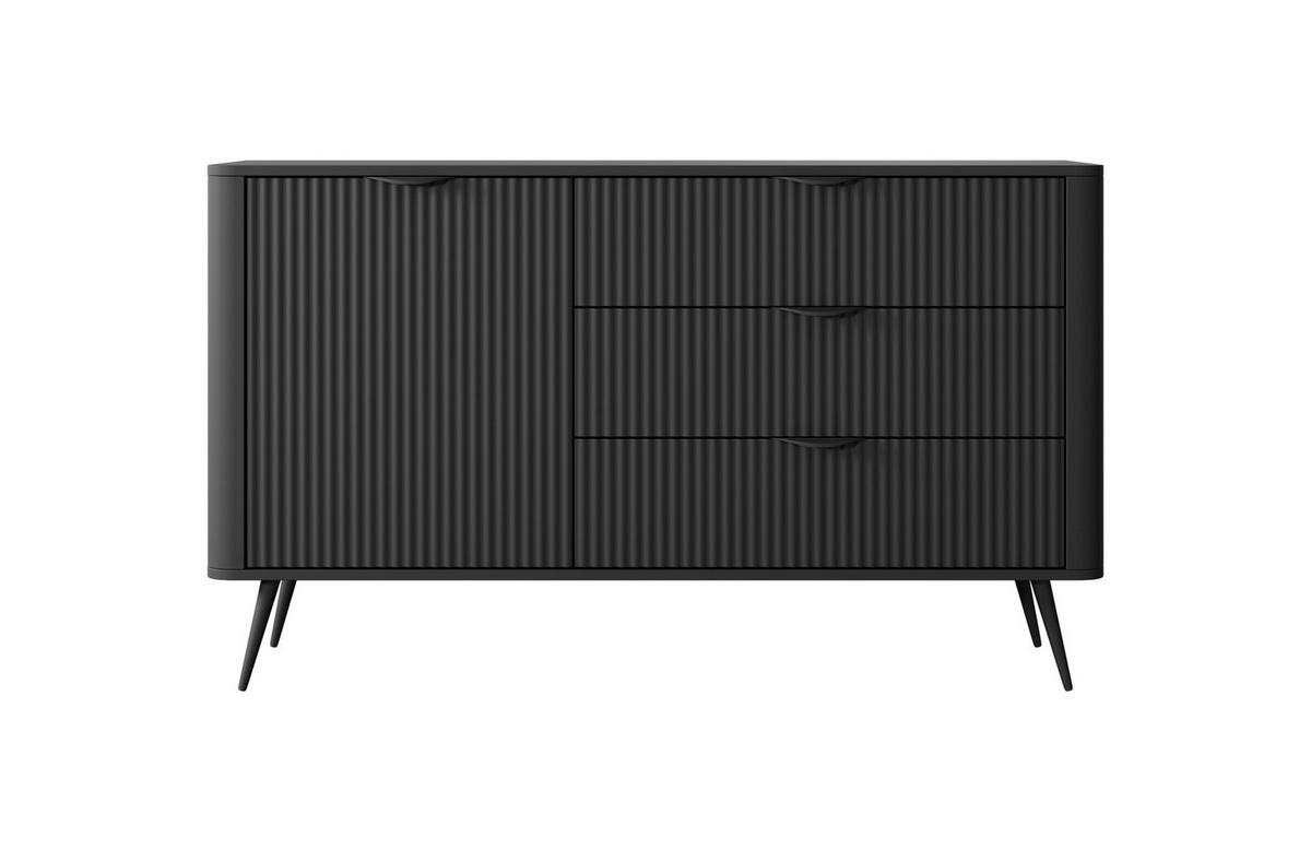 SIDEBOARD Flore 138 cm Schwarz - mit 3 geriffelten Schubladen und 1 Tür - Schwarz, Holz/Holzwerkstoff (138/81/38cm) - Ravio