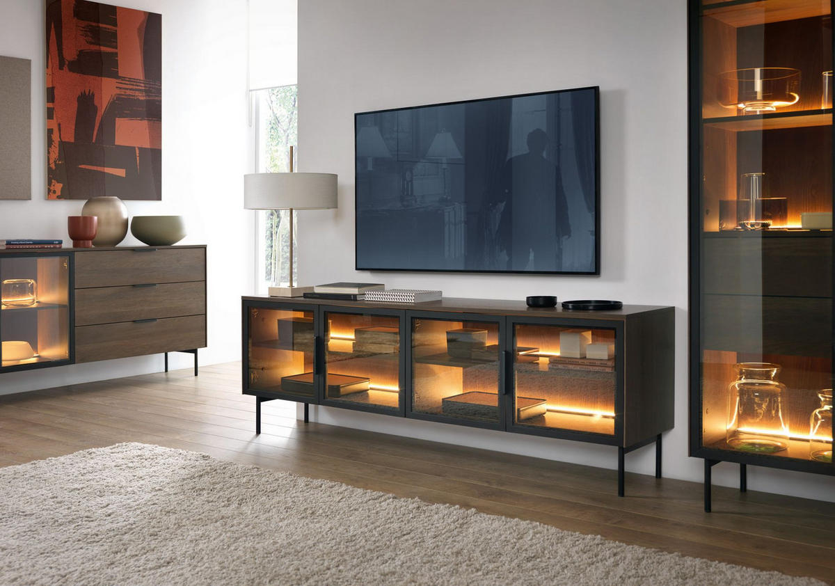 TV-LOWBOARD Lumi mit Glasfronten Eiche Dunin 181 cm - Dunkelbraun/Schwarz, Holzwerkstoff/Metall (181.3/39.3/39.3cm) - Selsey