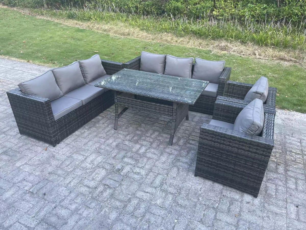 SITZGRUPPE Polyrattan Dunkelgrau 8-Sitzer - Dunkelgrau/Grau, Glas/Kunststoff - Fimous