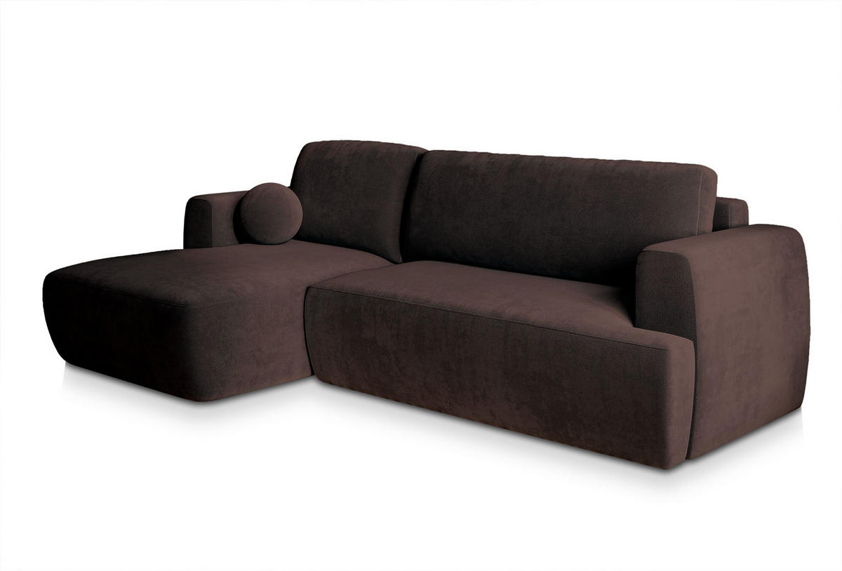 ECKSOFA SENTI K L-S Braun Plüsch-Stoff mit Schlaffunktion - Braun, Holz (246/148cm) - MASSENO