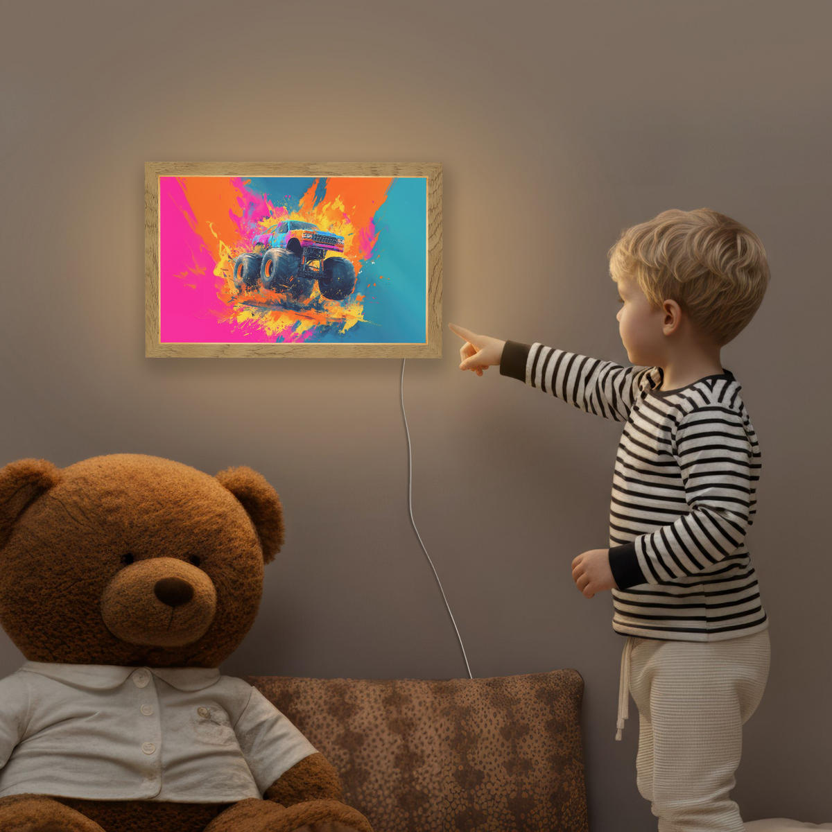 NACHTTISCHLAMPE Monstertruck - Abstrakt - Farbspritzer - Farbenfroh 30x20 cm - Pink, Holzwerkstoff (8/30/20cm)